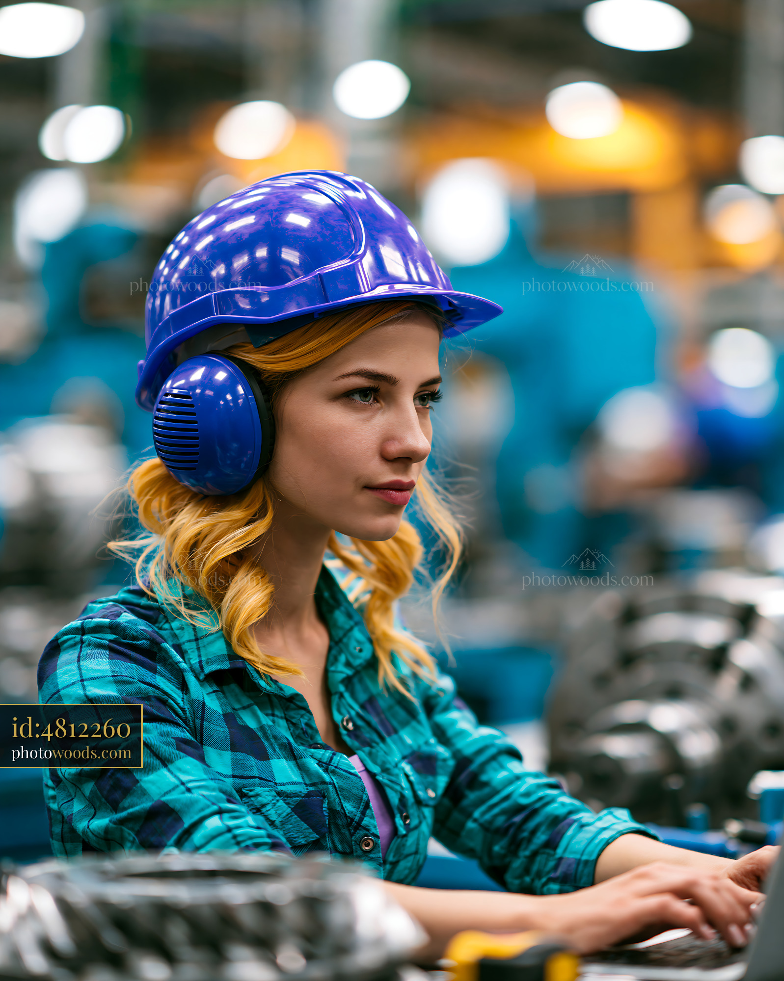 Female Worker in Factory Using Computer Wearing Safety Gear