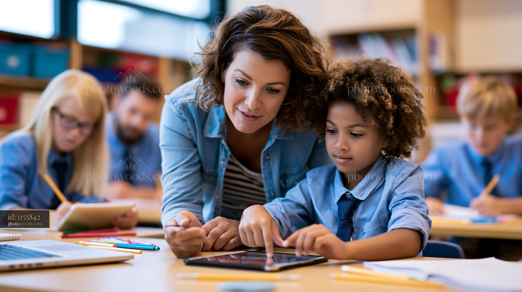 Teacher Assisting Student With Learning App in Classroom Setting