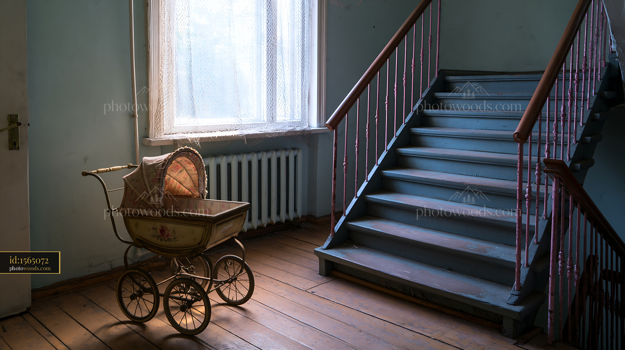 Decaying Stairwell With Vintage Stroller in an Apartment Block