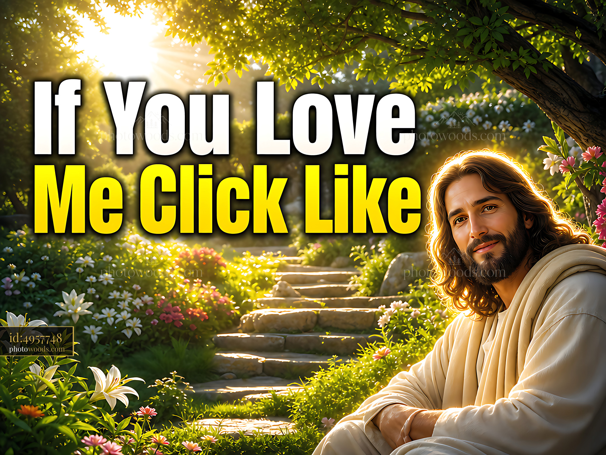 Jesus Sitting in a Garden With Flowers and Sunlight Shining Down