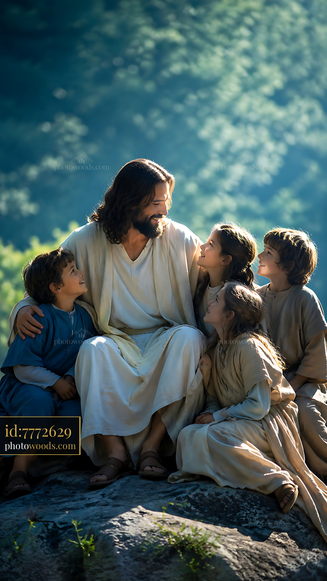 Jesus Sits With Children on a Rock in a Green Landscape