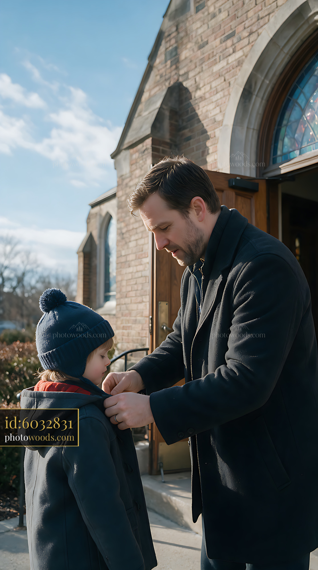 Father helping child outside a church