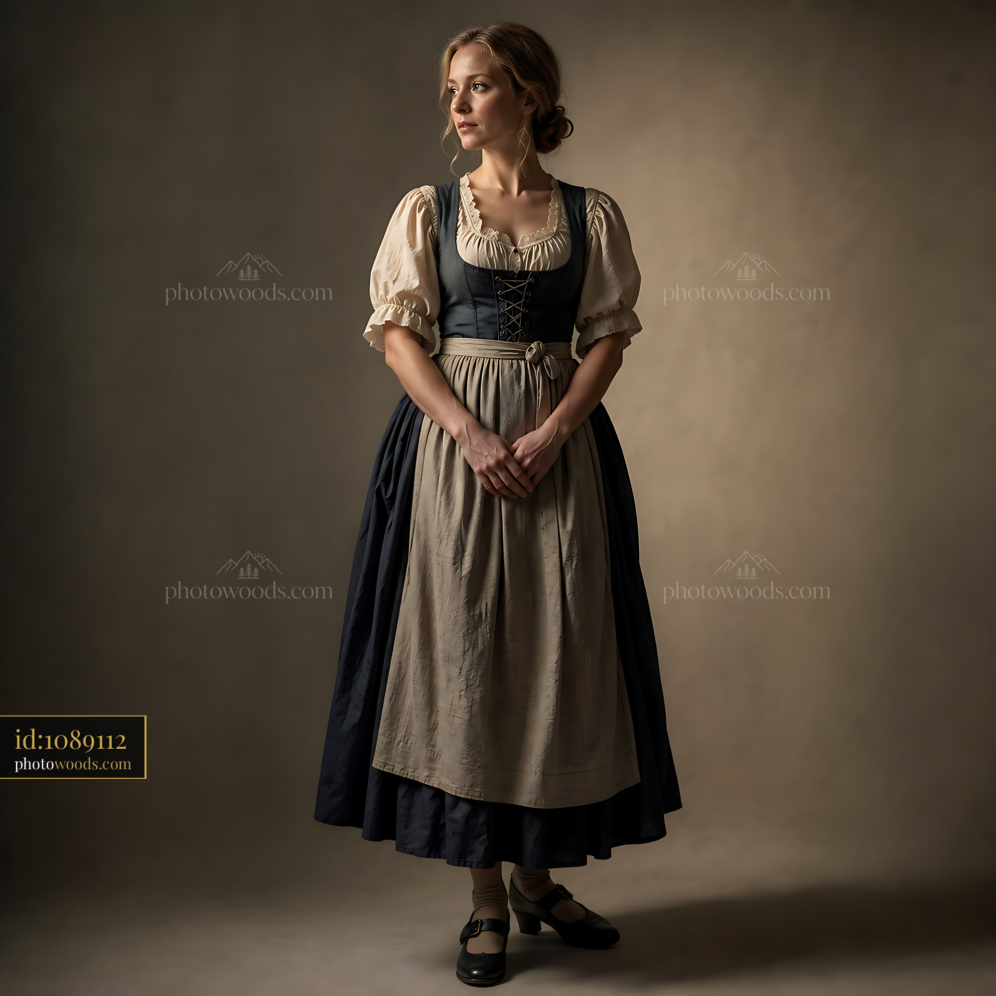 Woman in Traditional Dress Stands in Soft Light Indoors