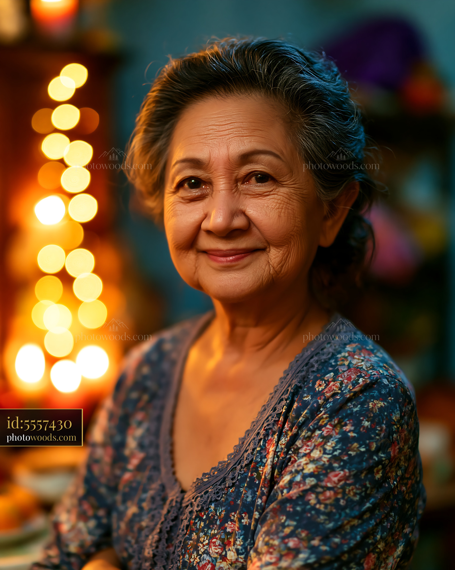 Older Woman Smiling Softly in Warm Indoor Light