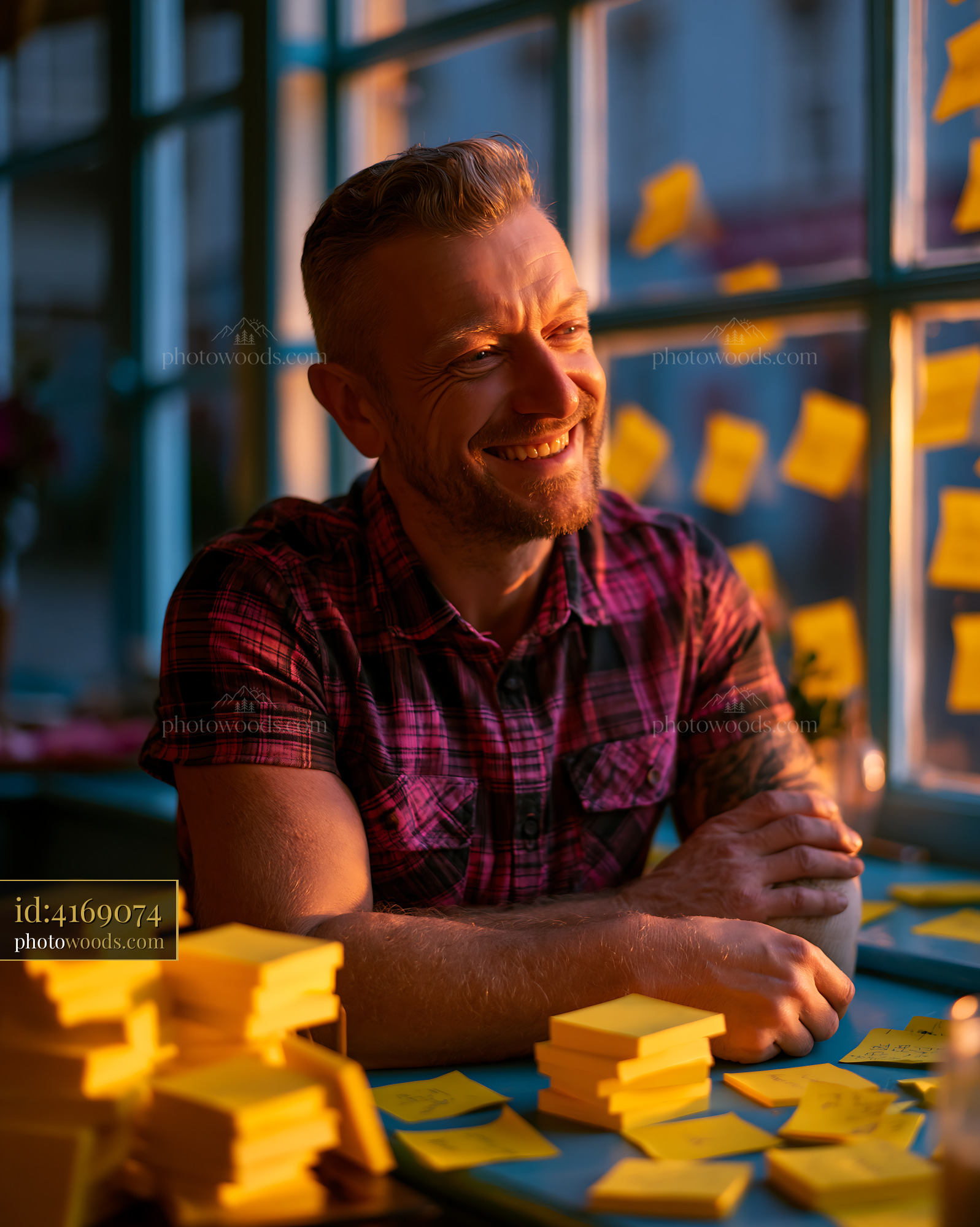 Joyful Shop Owner Engaged With Post-It Notes in a Warm Setting
