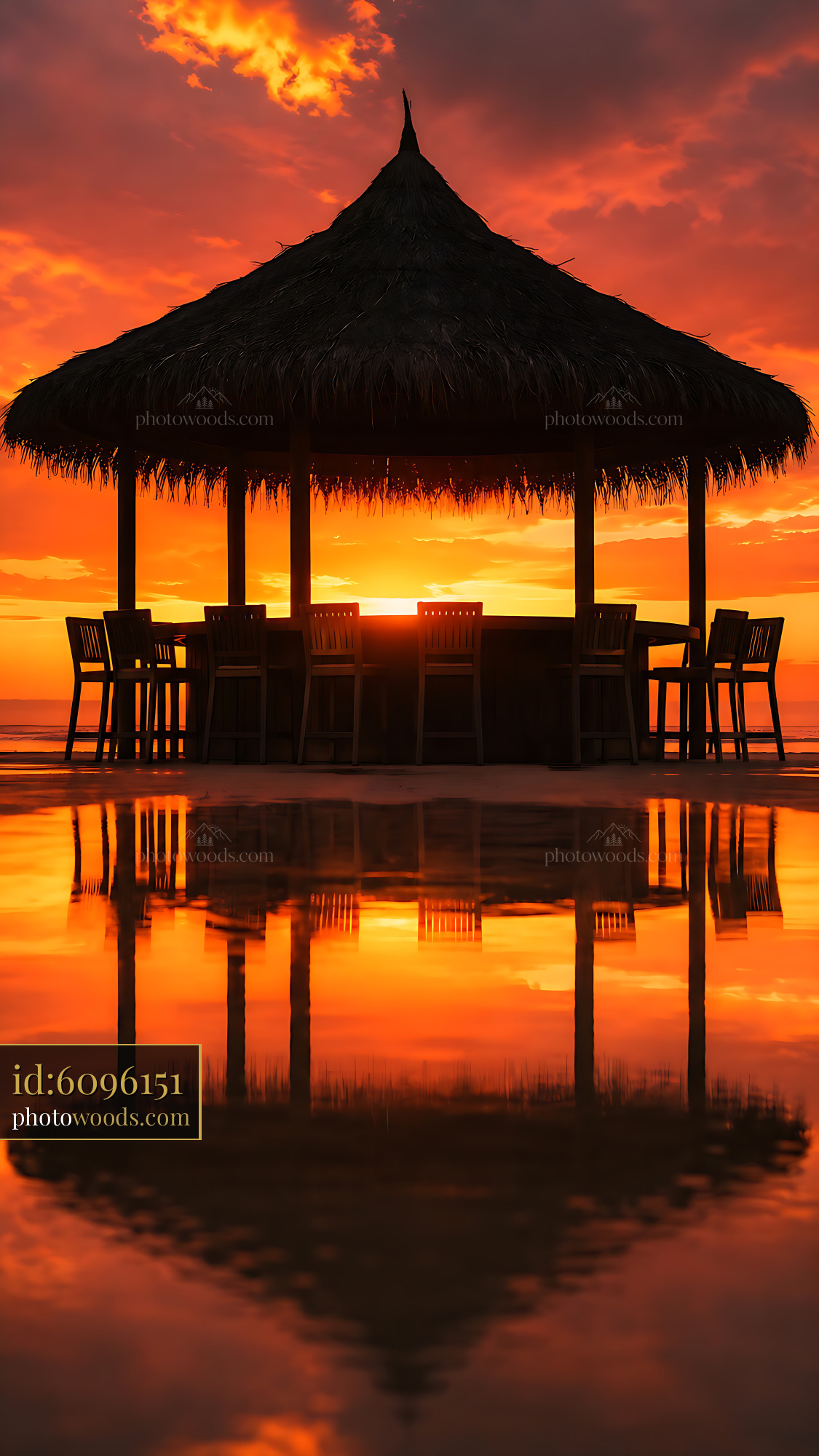 Thatched Roof Shelter Beside Calm Water at Sunset