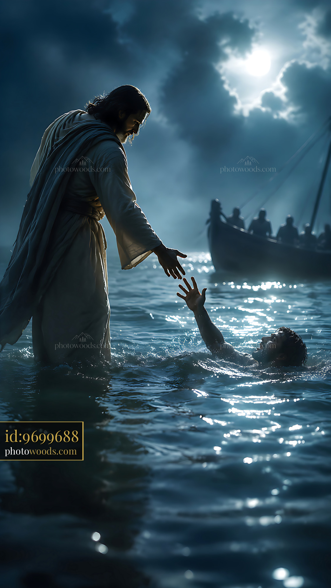 Jesus Reaches out to a Drowning Man in Stormy Waters at Night
