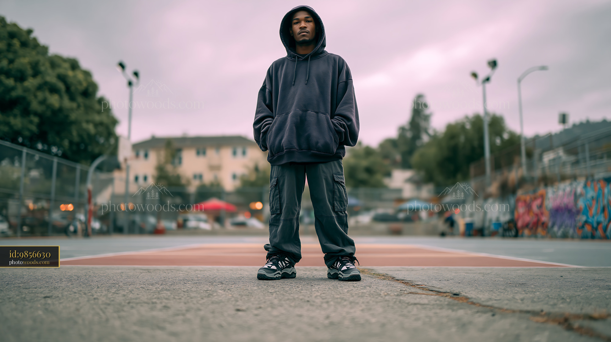 Young Man in Oversized Hoodie on Basketball Court