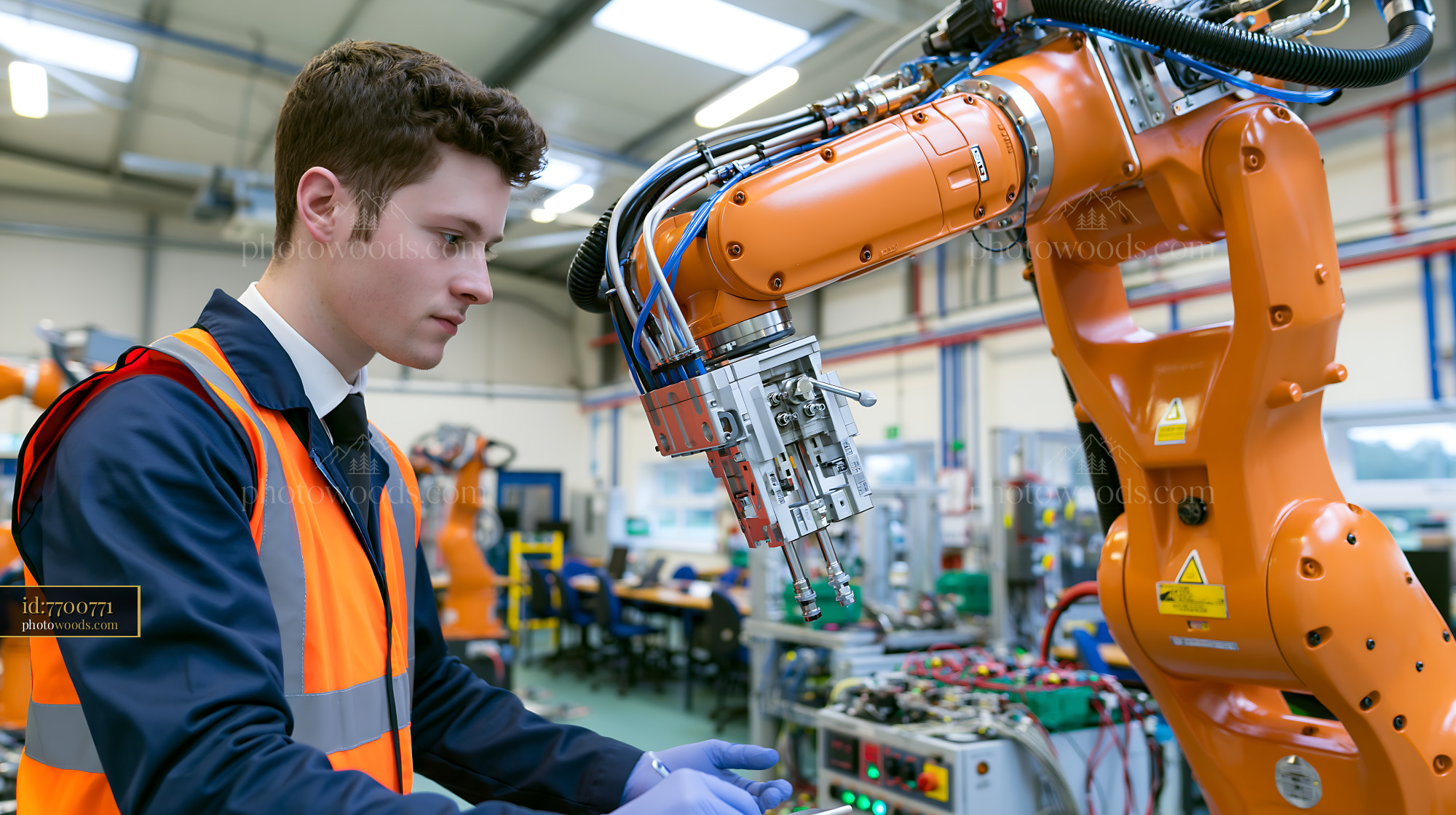 Technician Maintaining an Industrial Robot Arm in a Factory Setting