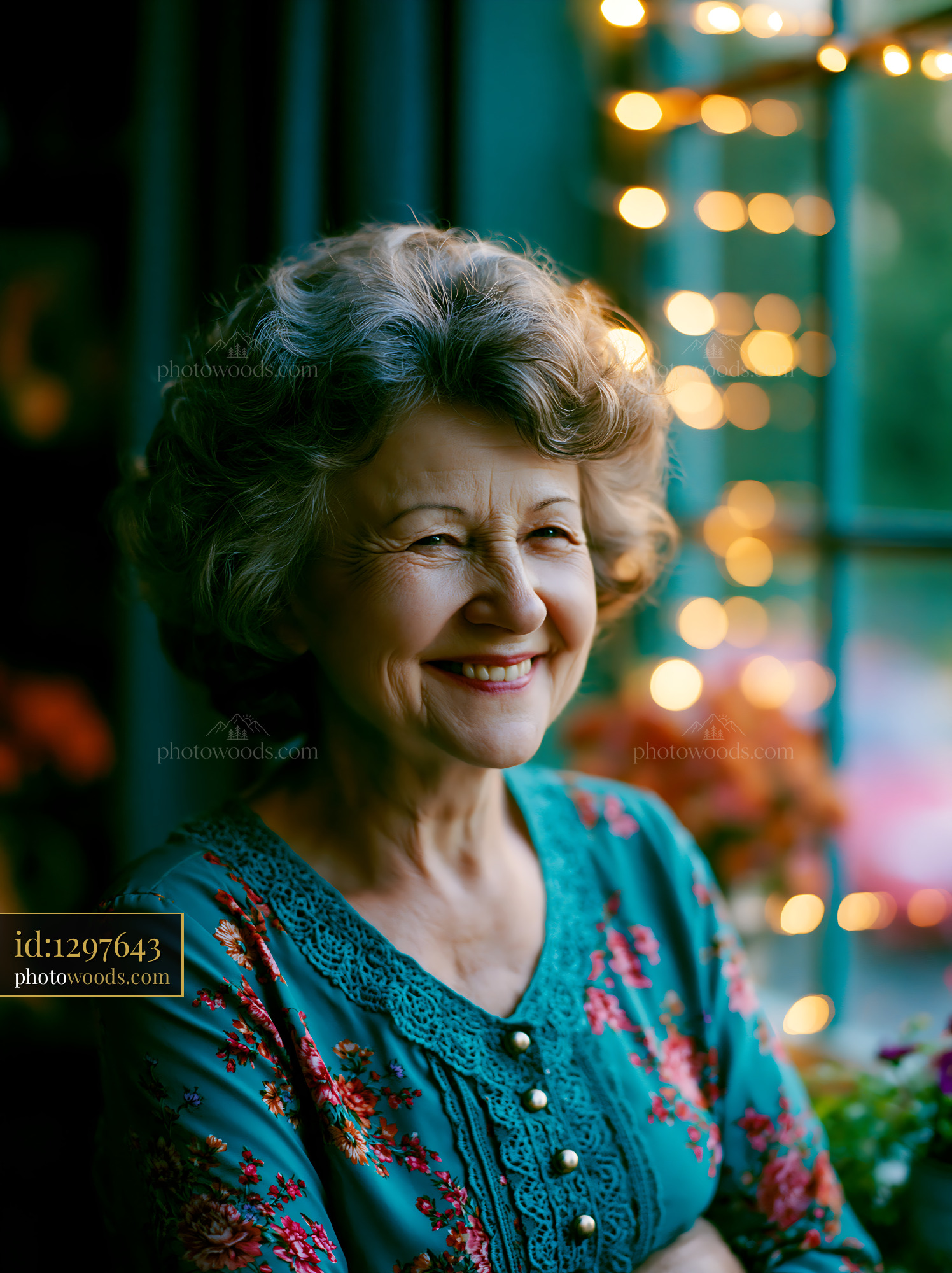 Smiling Woman in Floral Dress Standing Near Window With Lights