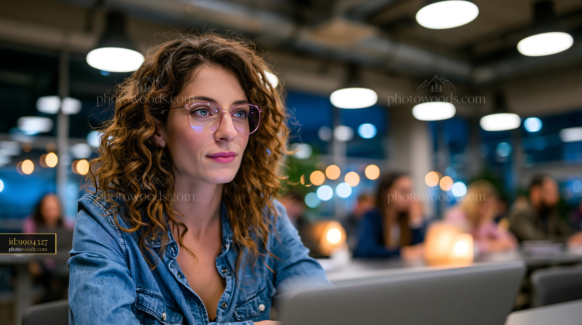 Working Woman at Computer in Modern Office at Night