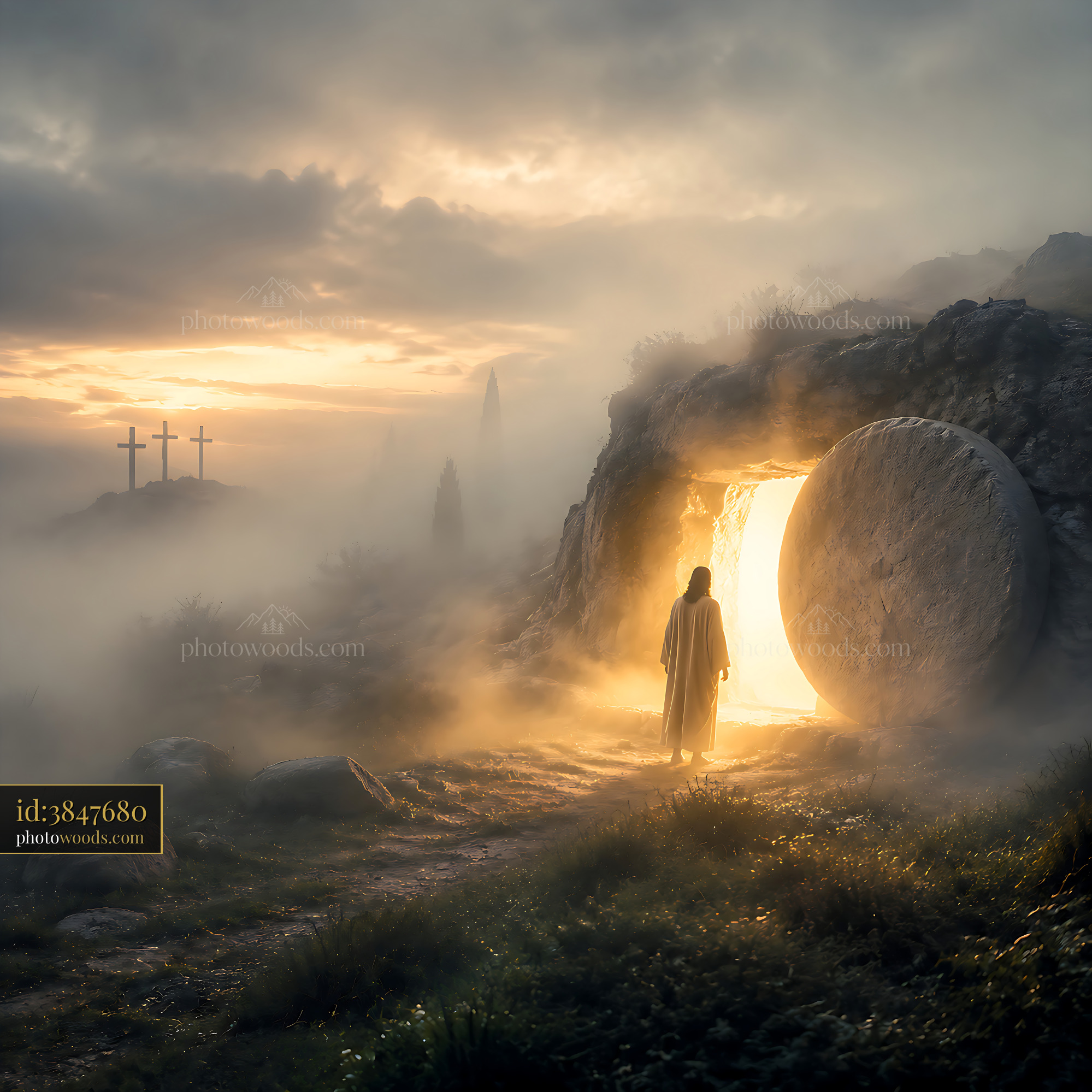 Person Stands Near Tomb Entrance Surrounded by Mist and Crosses