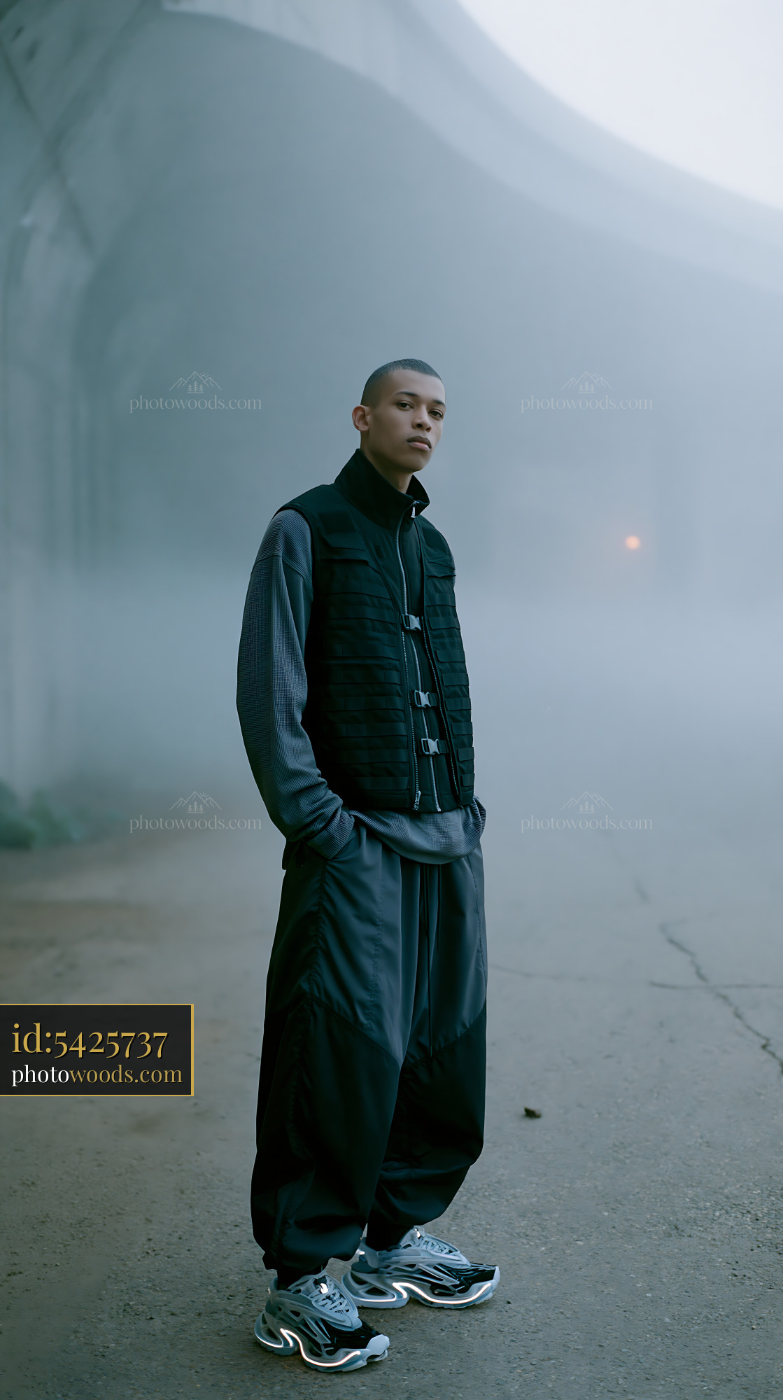 Man in Tactical Vest Stands in Foggy Urban Setting