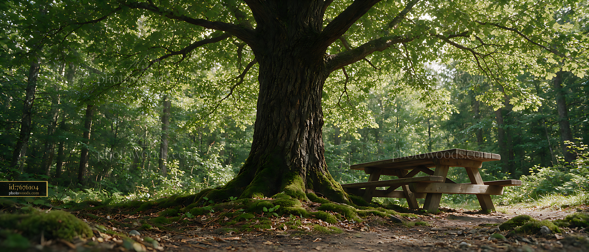 Large shade tree beside a picnic table in a forest