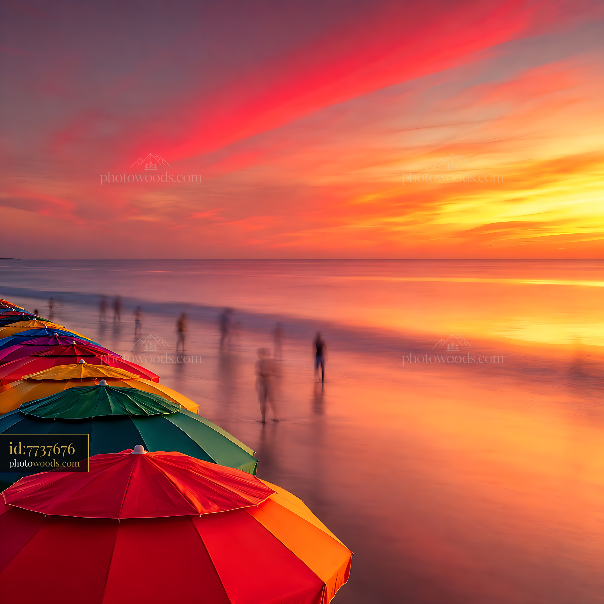 Colorful Umbrellas Line the Beach at Sunset With People Walking
