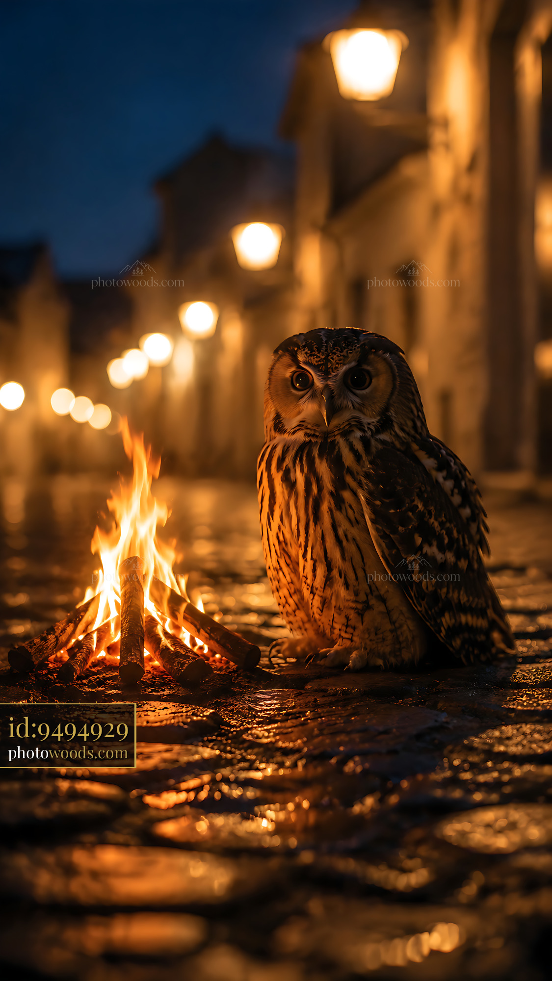 Owl Sitting Beside Fire on Cobblestone Street at Night