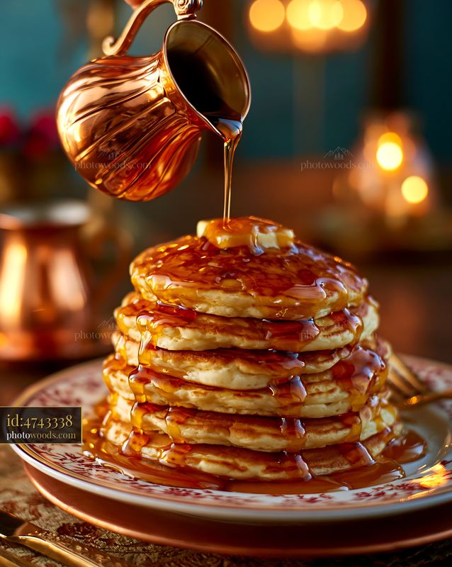 Stack of Fluffy Pancakes With Maple Syrup on a Decorative Plate