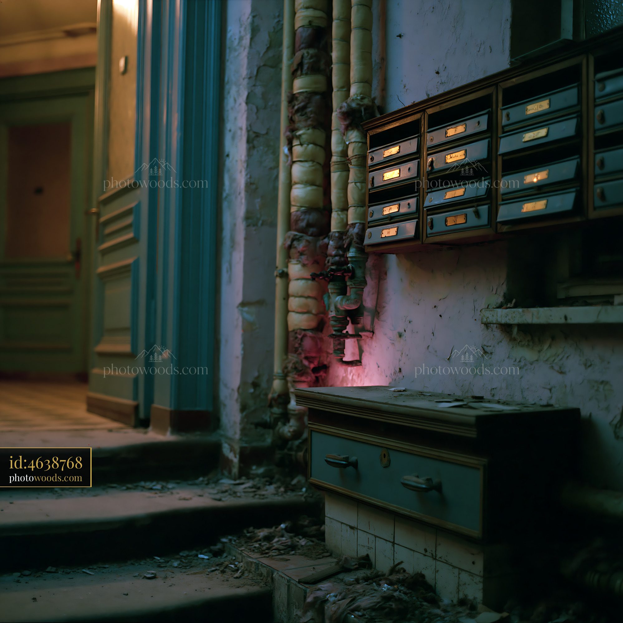 Run Down Building Entrance With Broken Mailboxes in Urban Setting