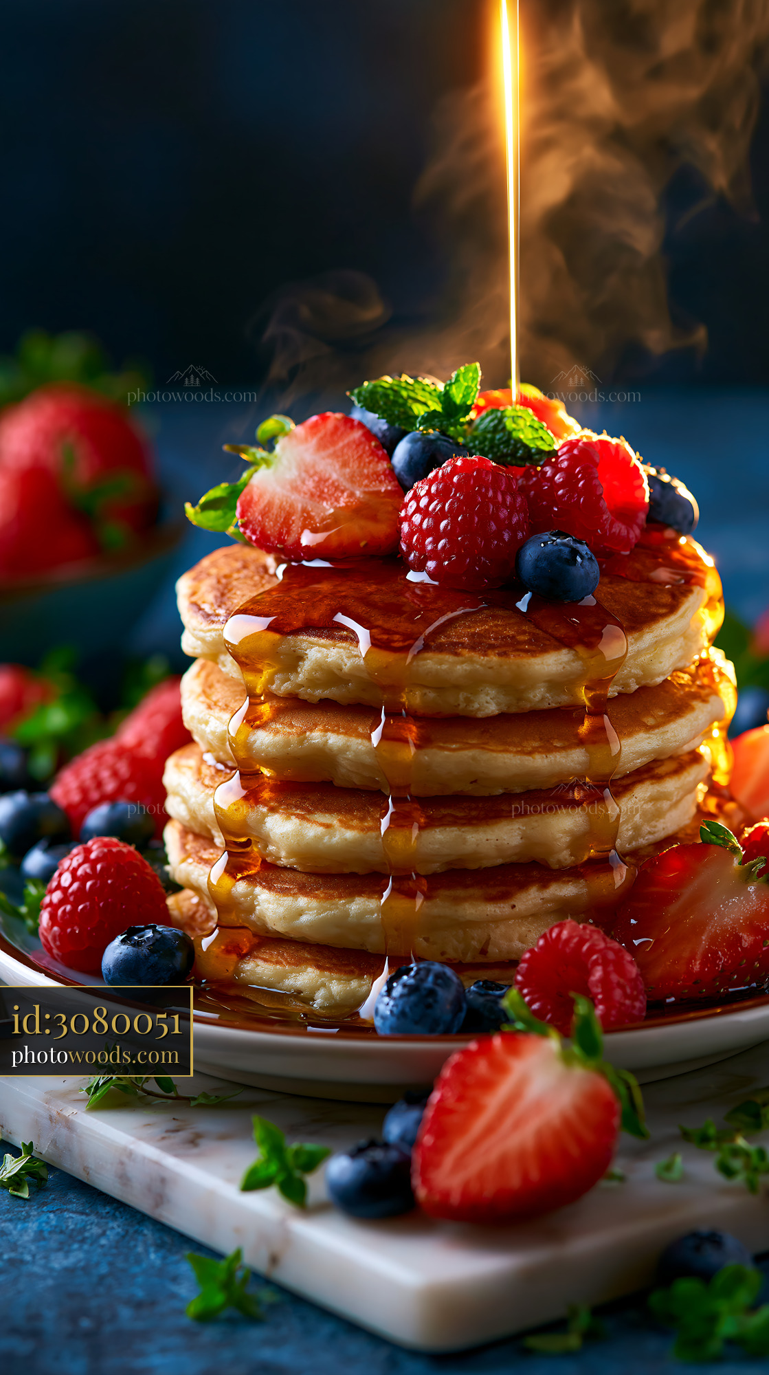 Fluffy Pancakes With Fresh Berries and Maple Syrup
