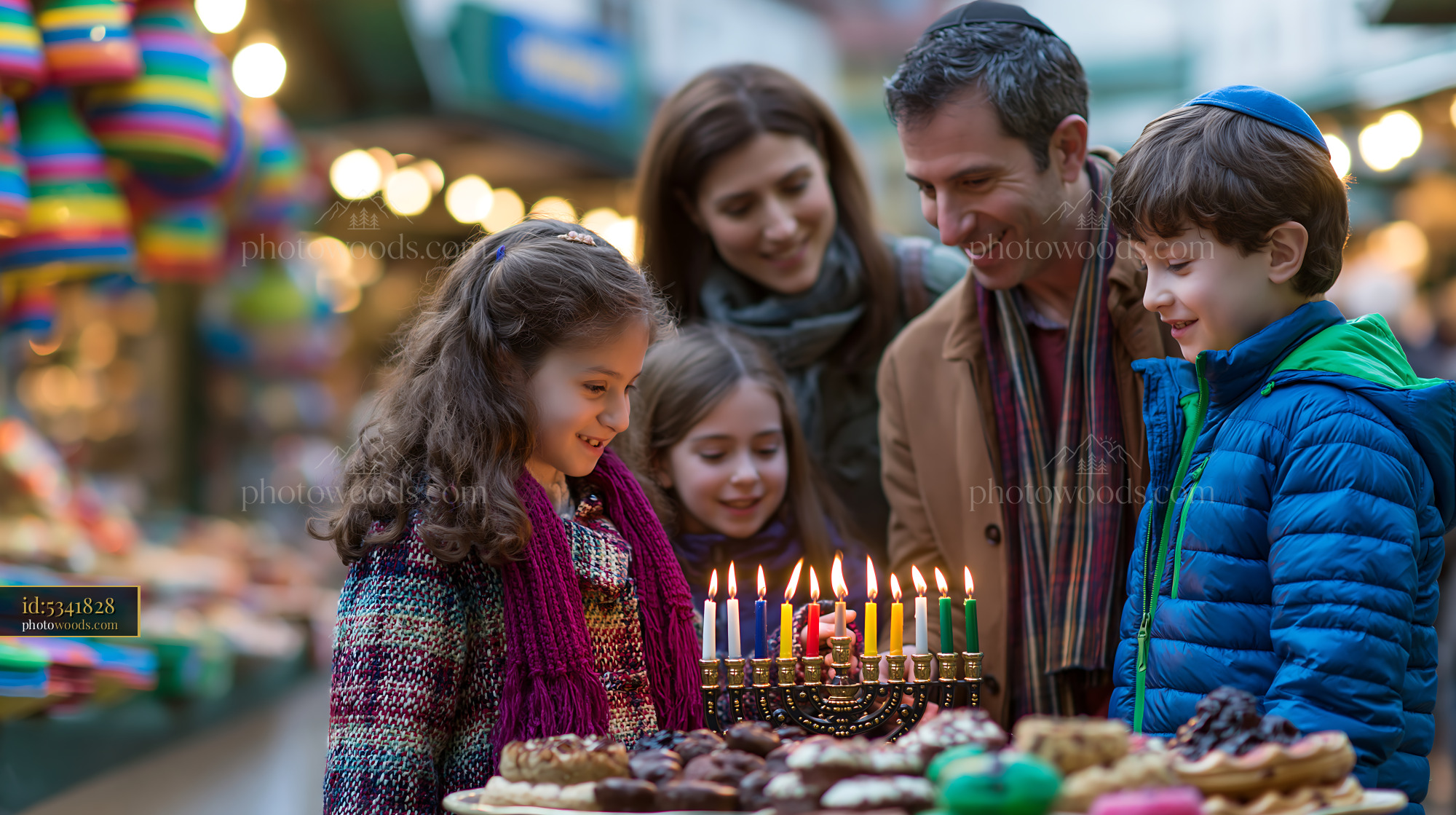 Family Lighting Menorah for Hanukkah Celebration in Market