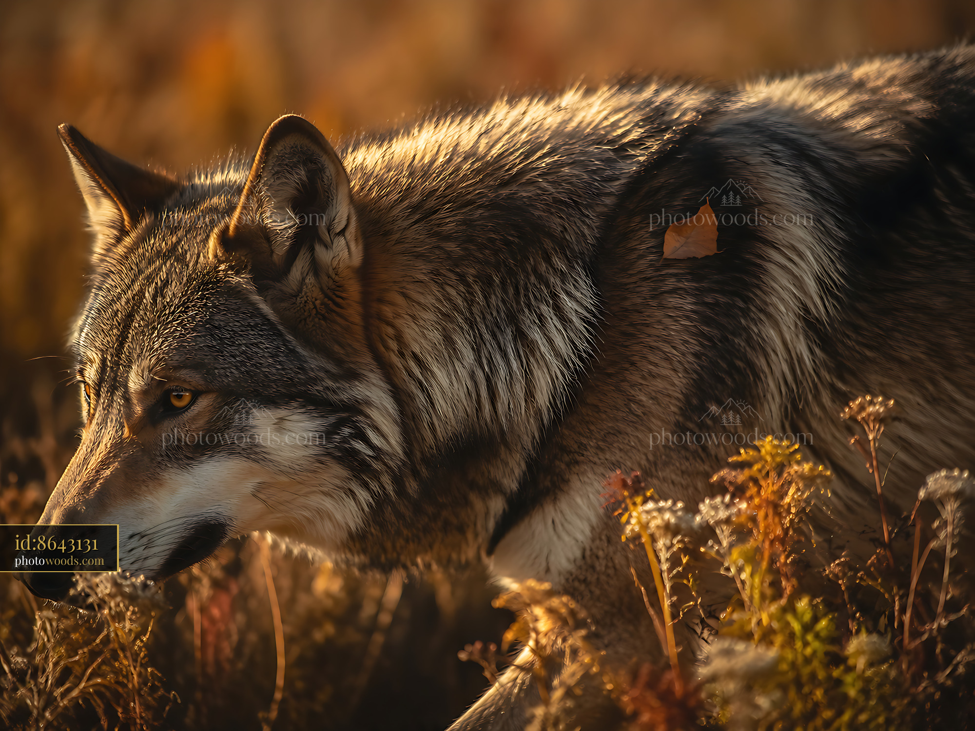 Wolf Moves Through Tall Grass Under Warm Sunlight in Autumn