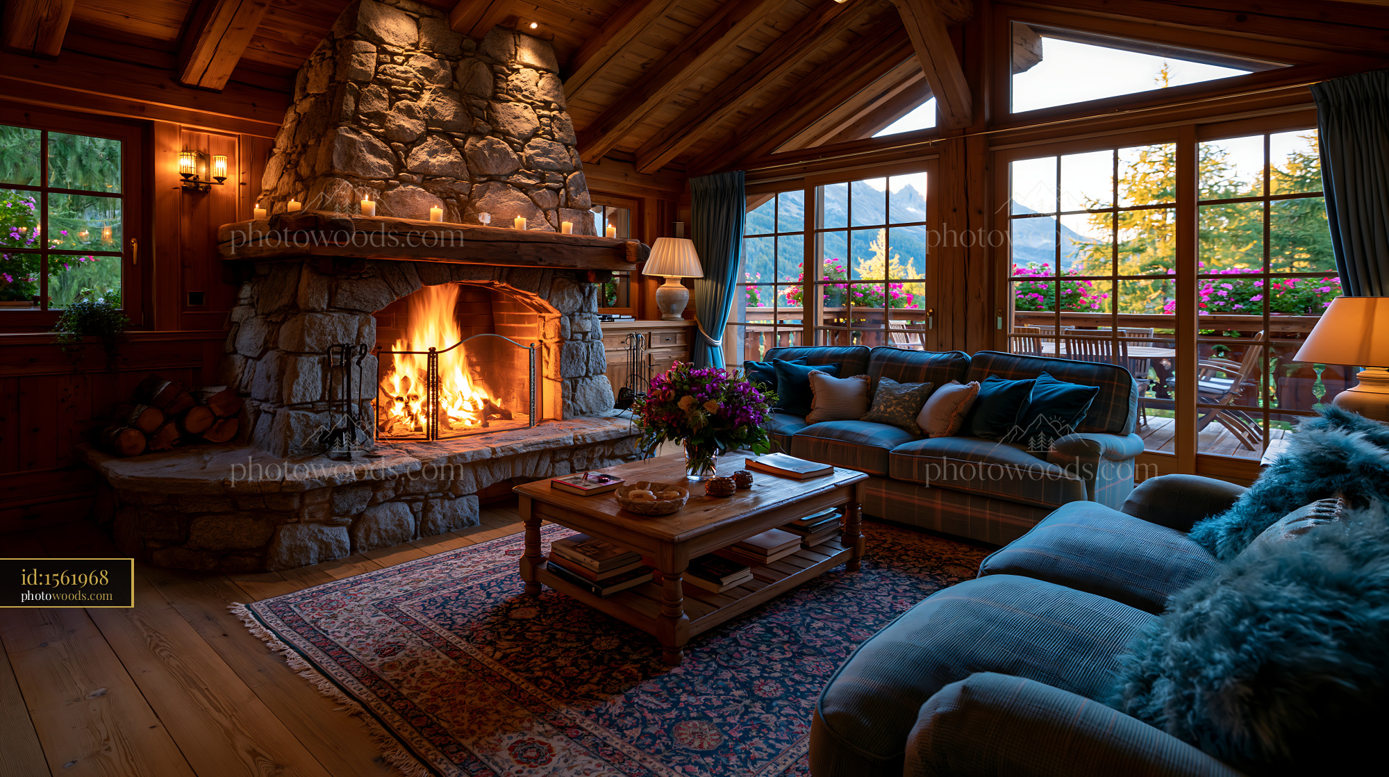 Chalet Style Lounge With Stone Fireplace and Cozy Seating Area