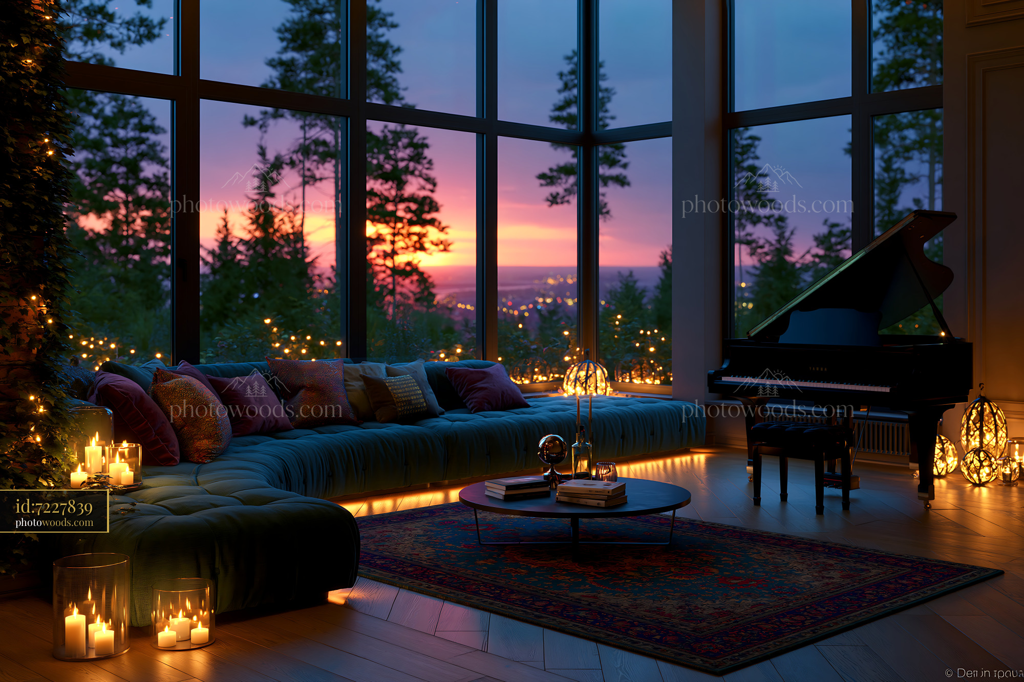 Contemporary Living Room With Sunken Seating and Sunset View