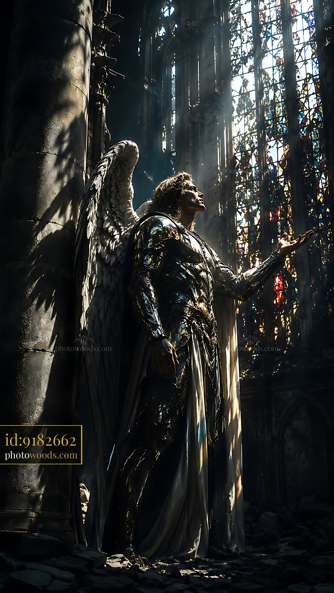 Angel Stands in a Ruined Church With Light Shining Through Windows