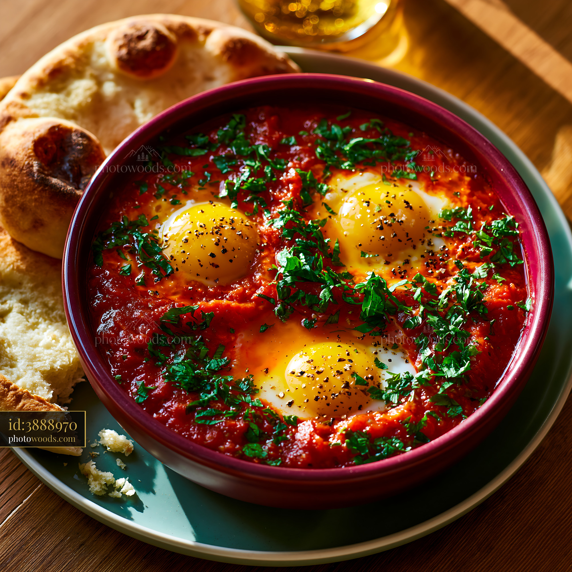 Bowl of Shakshuka With Runny Eggs and Warm Flatbread
