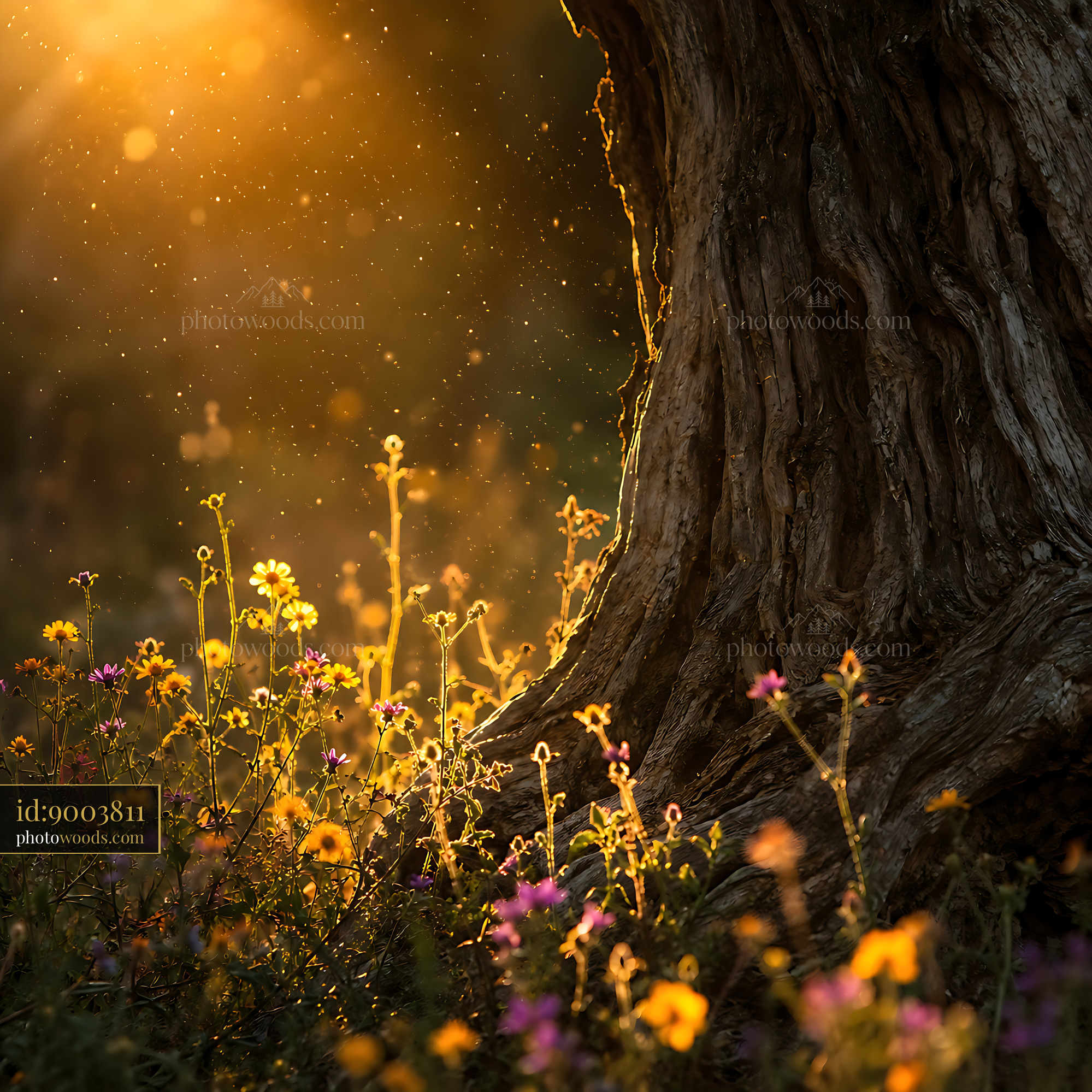 Sunlight Shining Through Flowers Near an Old Tree Trunk