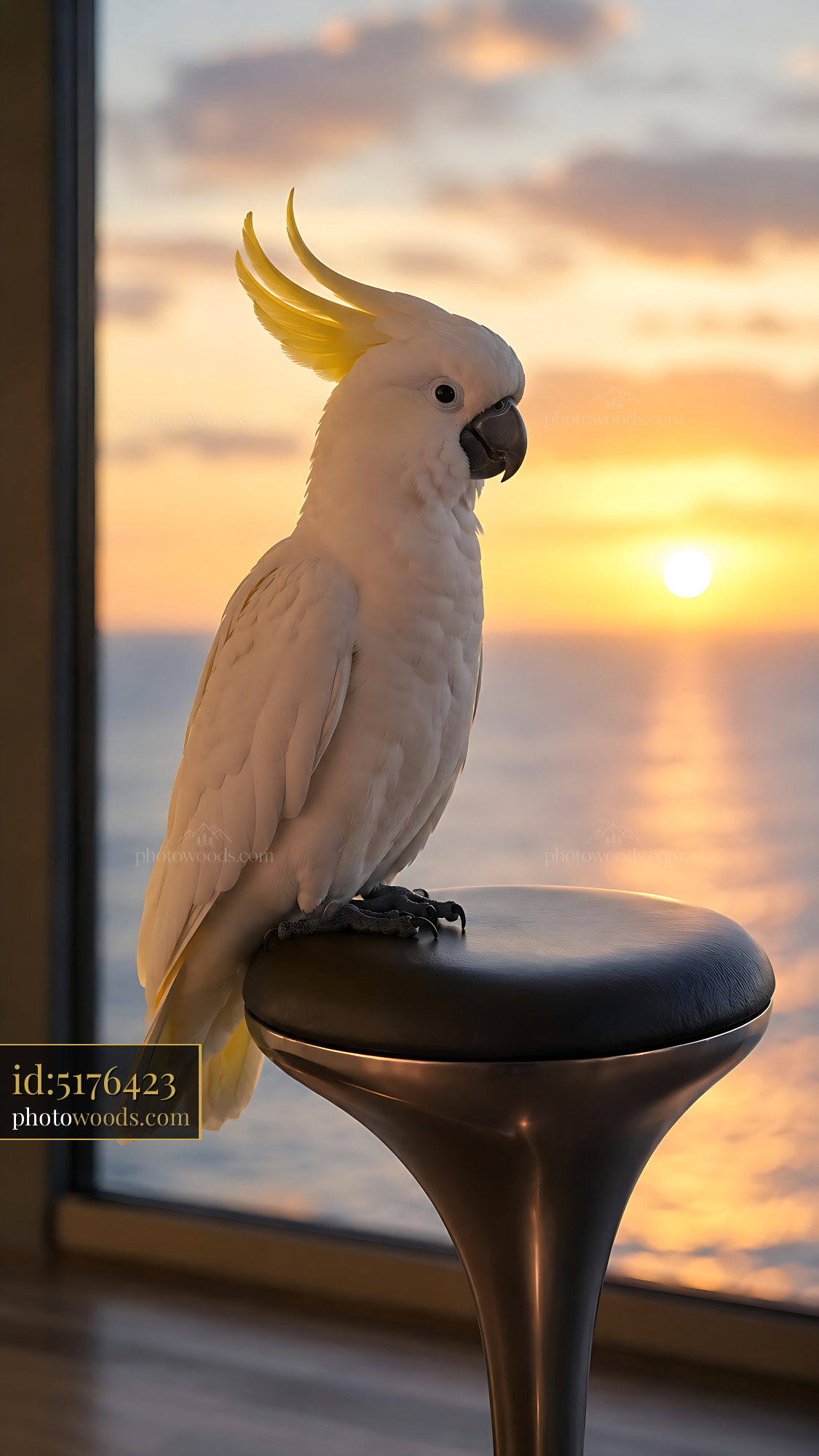Cockatoo Sits on a Stool by the Window at Sunset