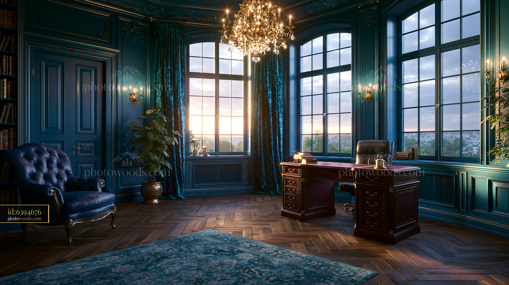 Luxury Home Office With Desk and Chandelier in Evening Light