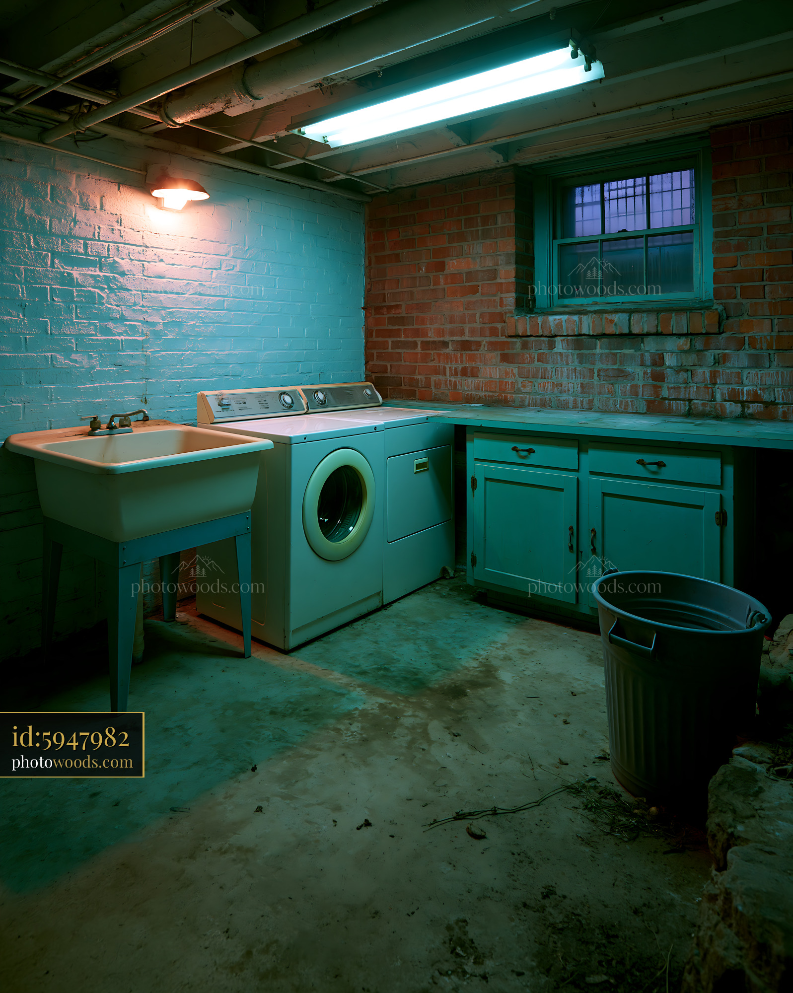 Neglected Basement Laundry Room With Blue Light