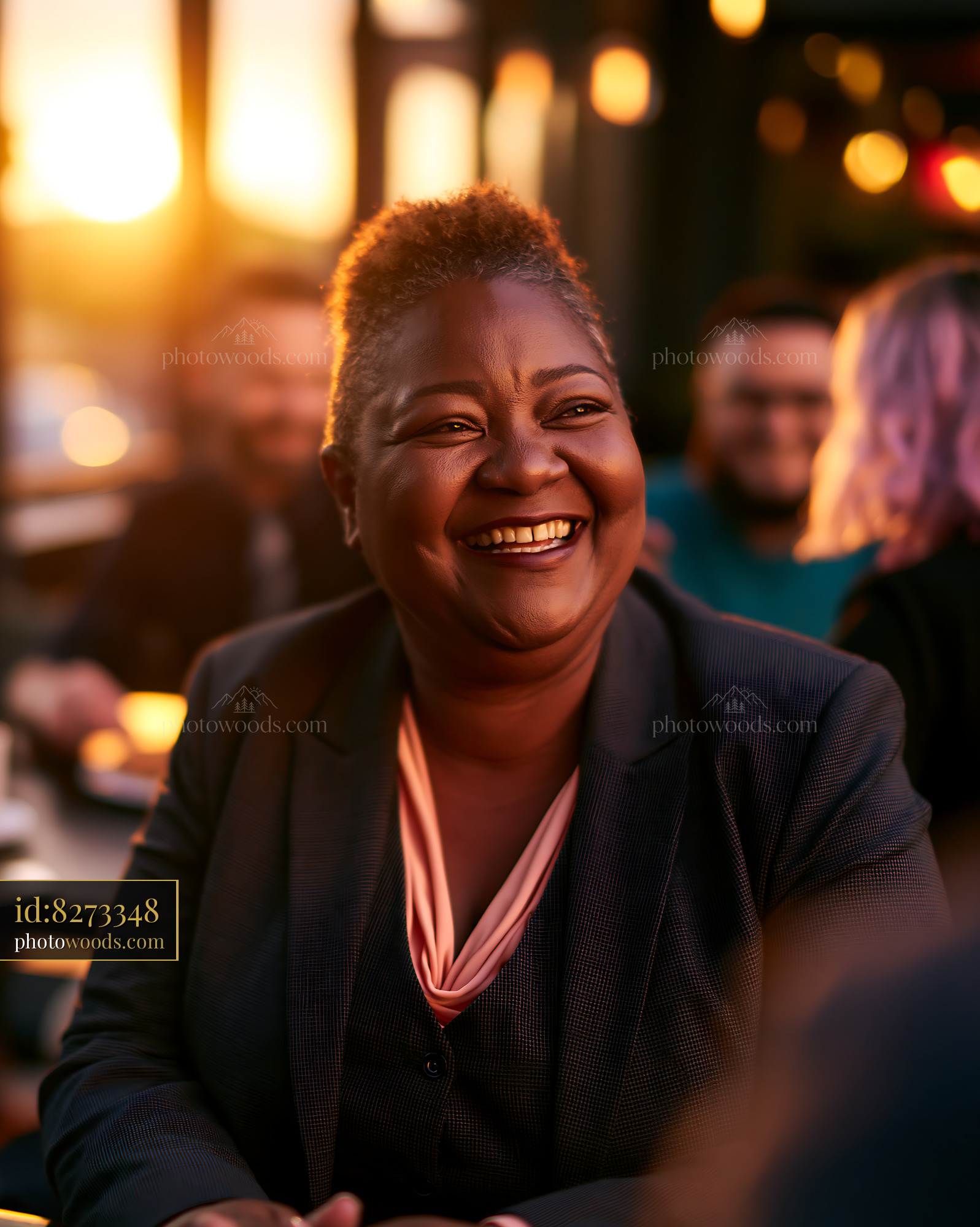Plus Size Businesswoman Smiling During Sunset at Cafe