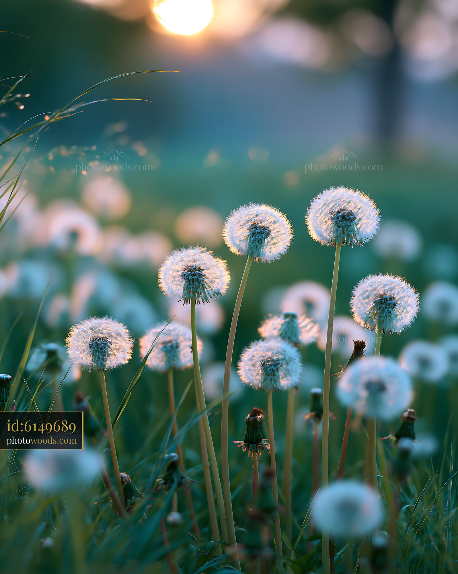 Dandelions in a Field at Sunset With Soft Light and Bokeh
