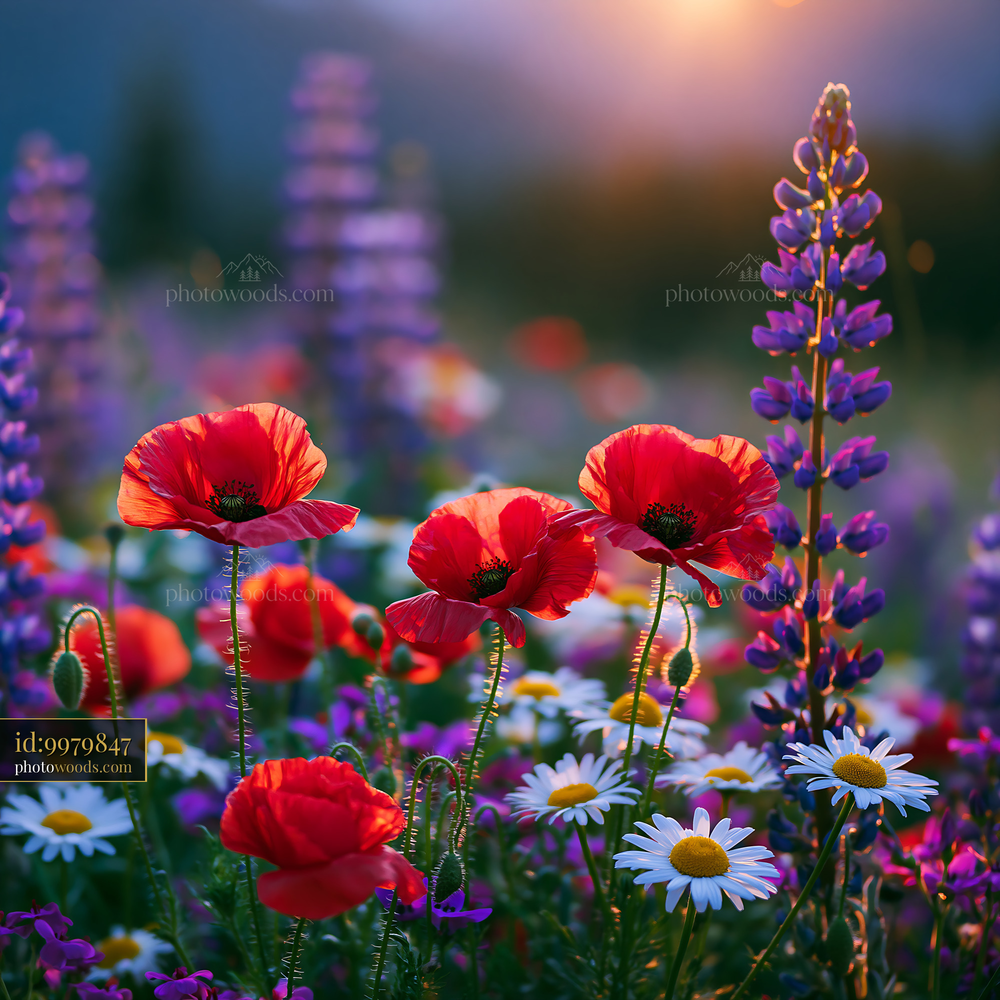 Wildflowers Bloom in Garden With Sunset Behind Mountains