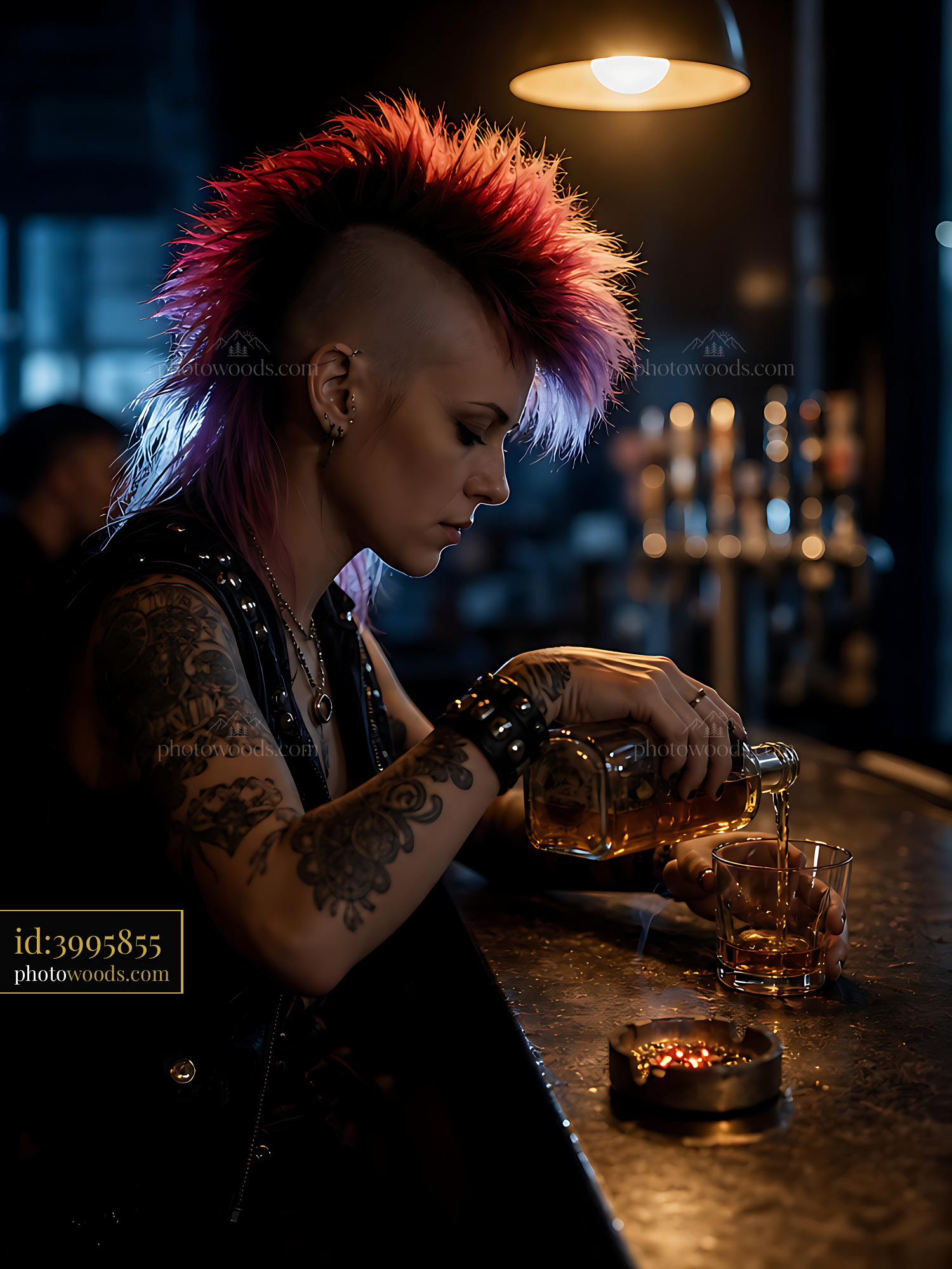 Woman With Mohawk Pouring Drink at Bar in Low Light Setting