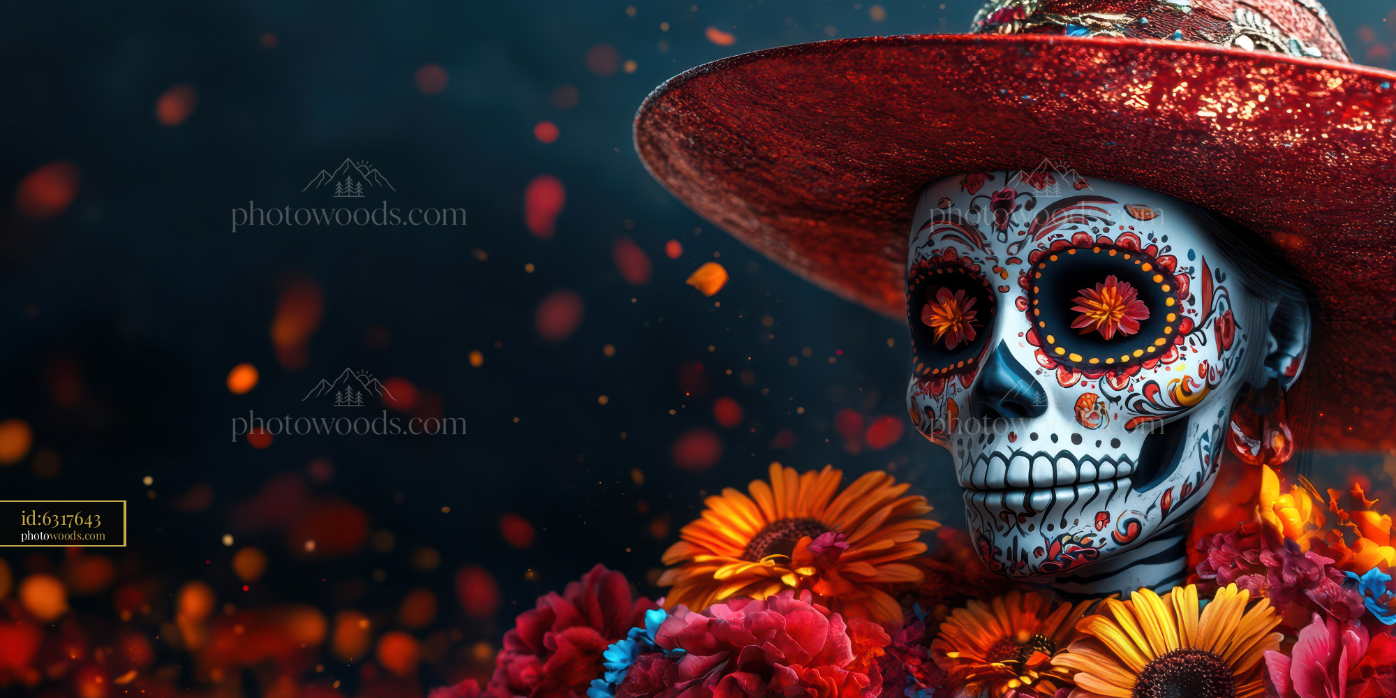 Colorful sugar skull with flowers in a dark setting