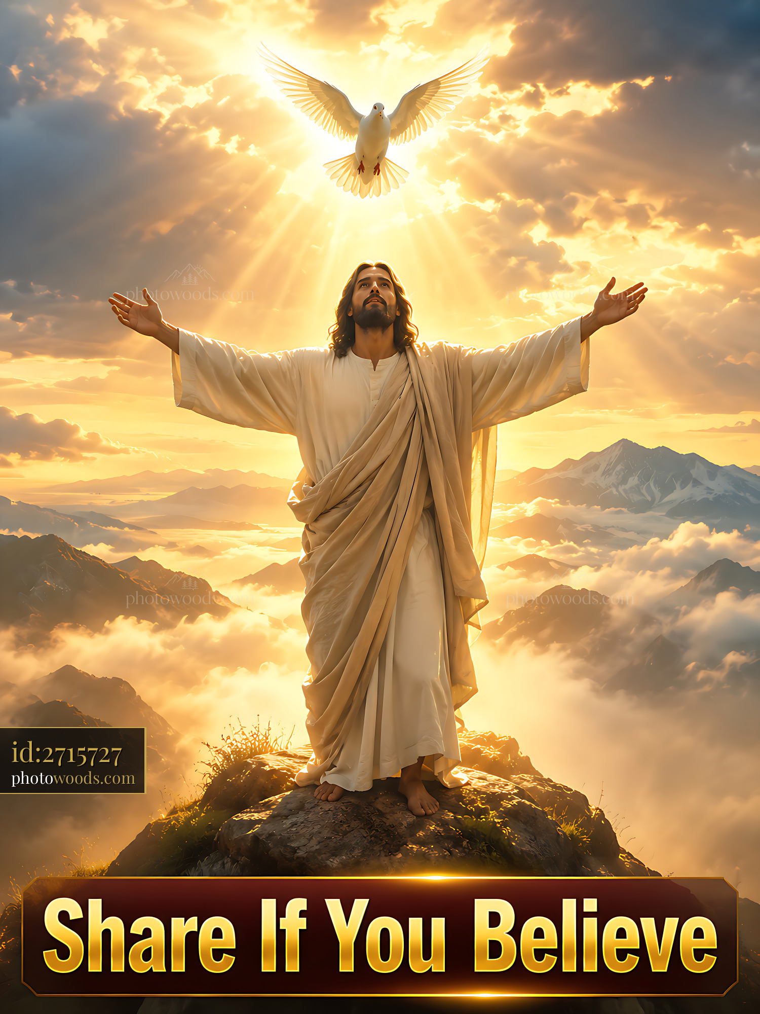 Jesus Stands With Arms Open Wide Under a Dove and Light