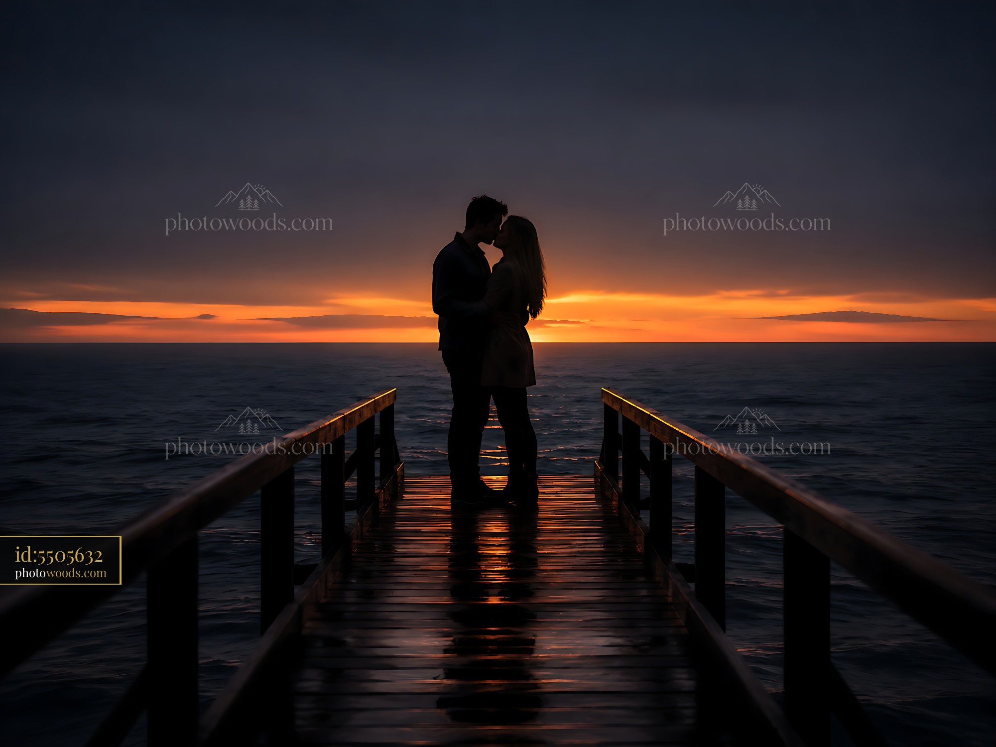Couple Embraces on Pier During Sunset Over the Ocean