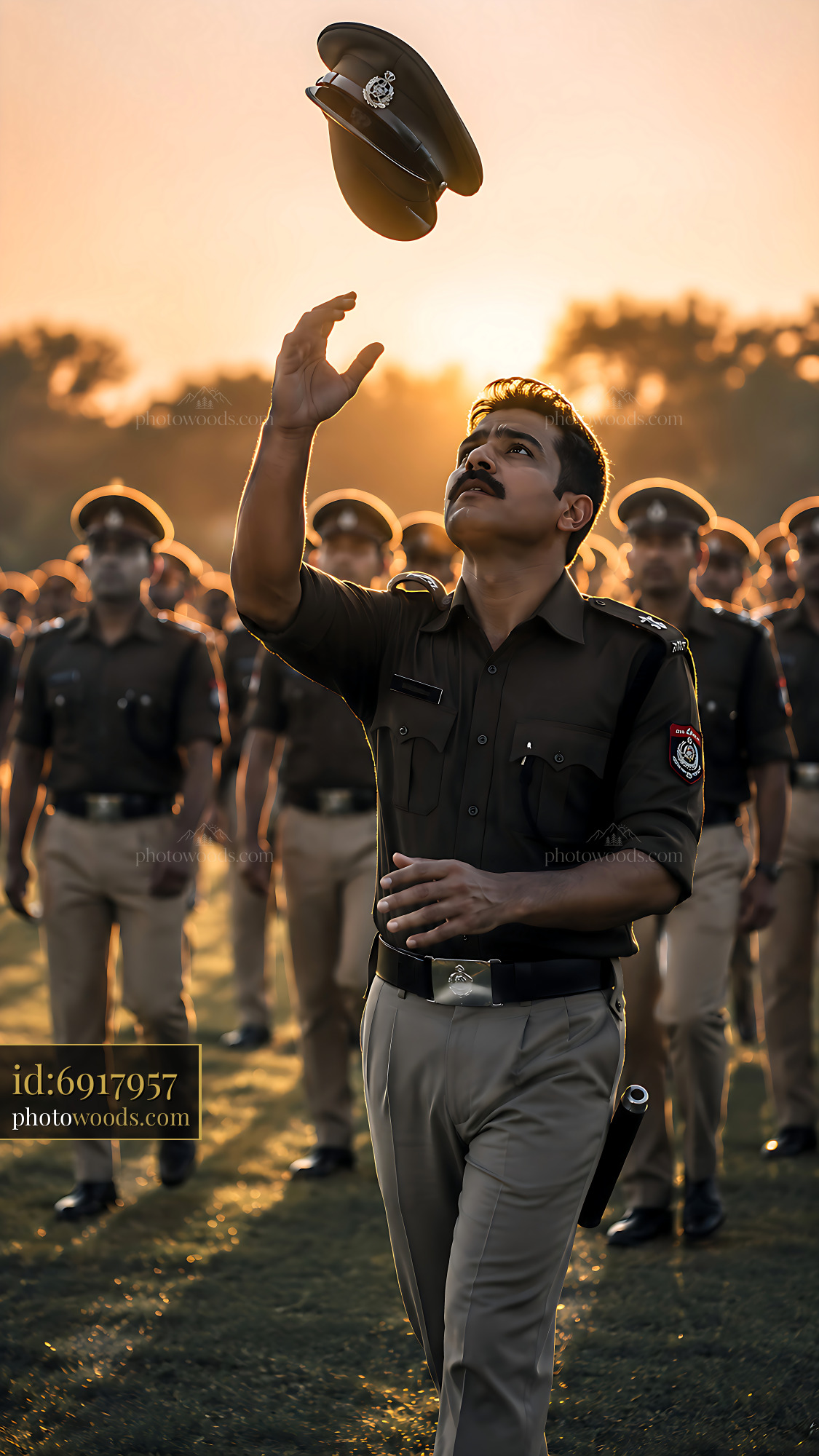 Police Officer Tossing Cap During Training Session at Sunset