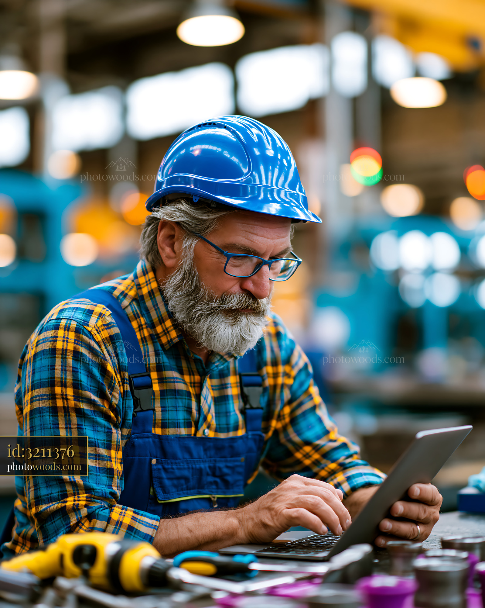 Employee Working on Tablet in Industrial Setting With Tools