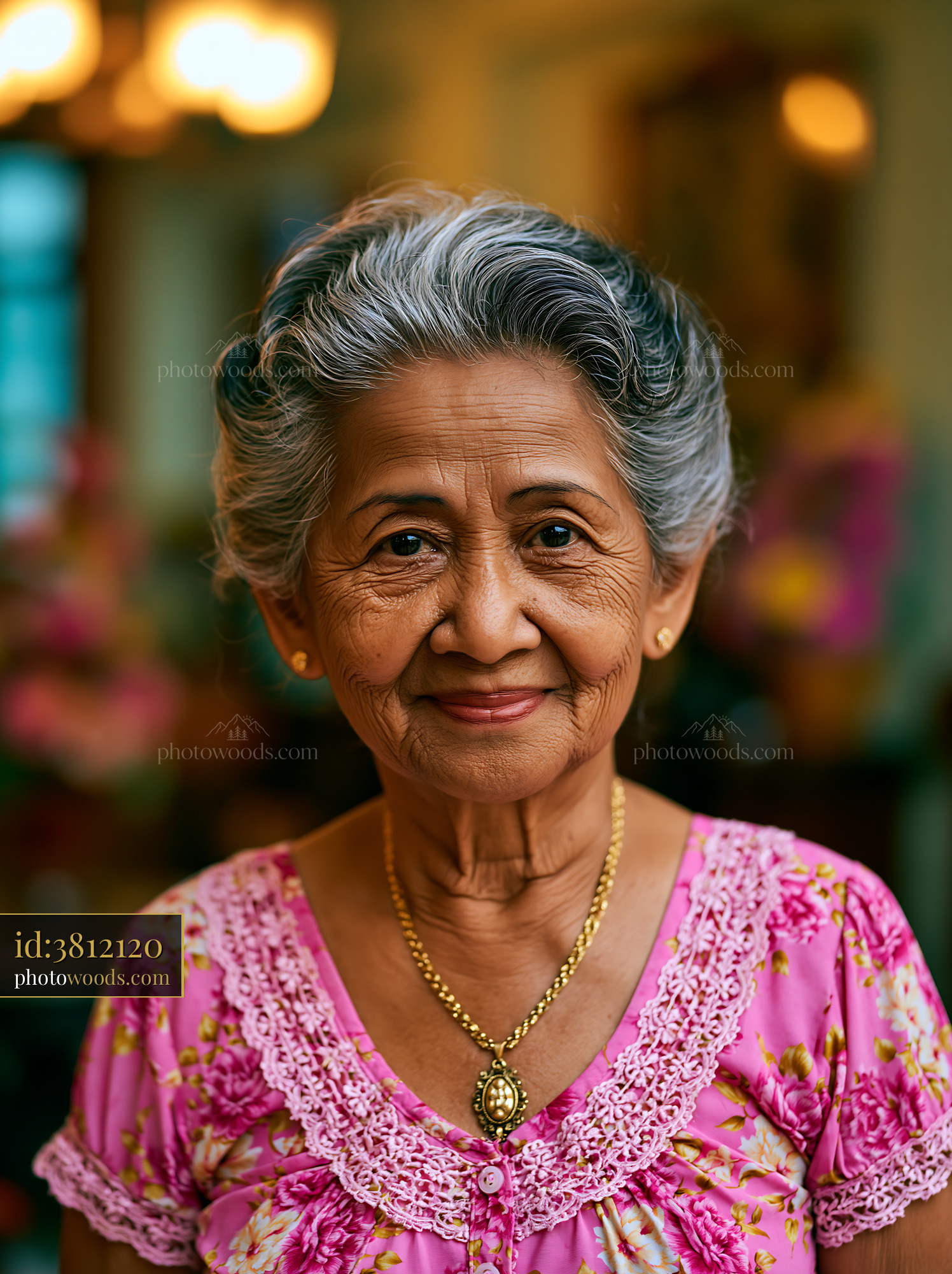 Older Woman Smiles Warmly Wearing a Pink Blouse and Jewelry