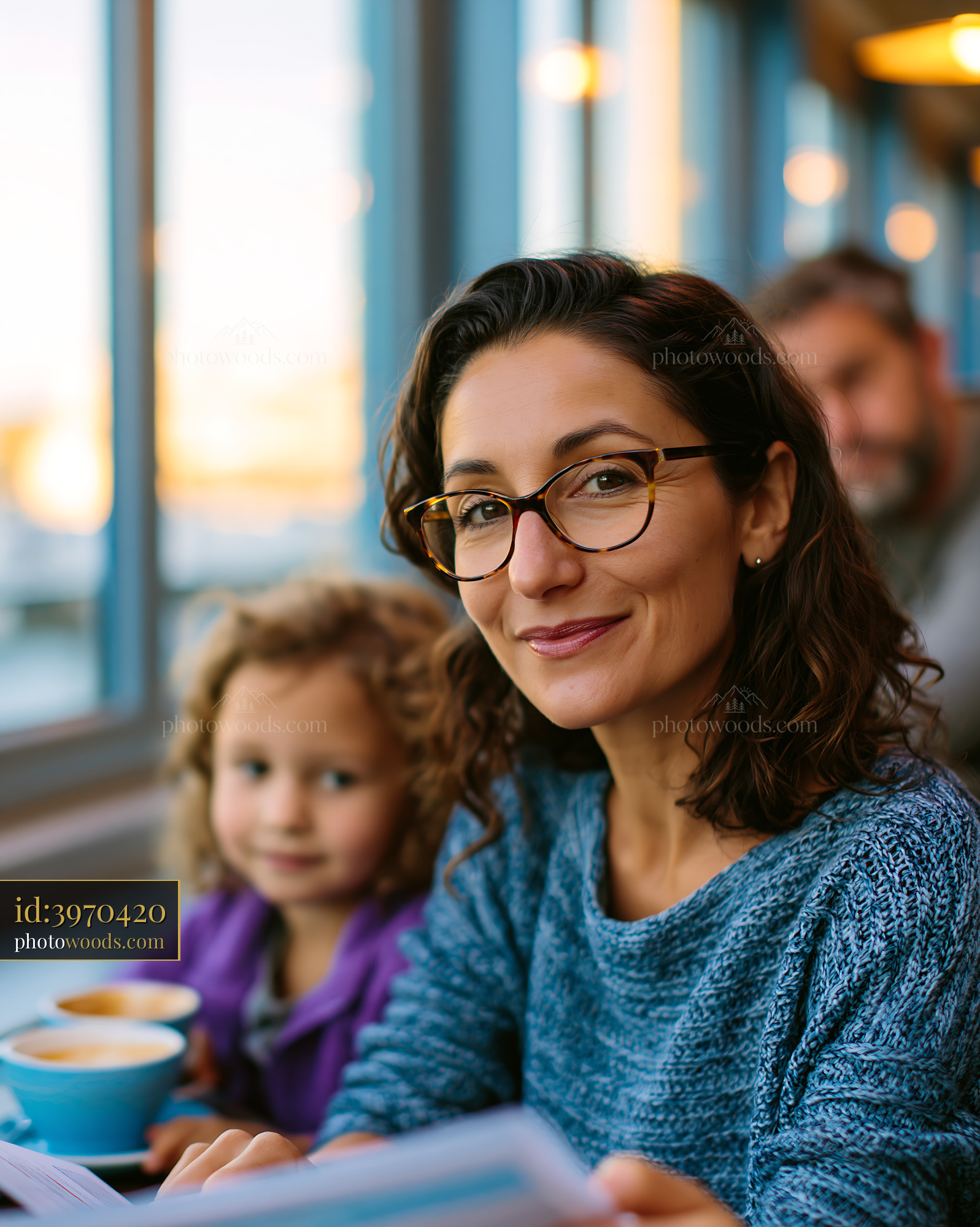 Family Reviewing Insurance Offers in a Cafe During Golden Hour