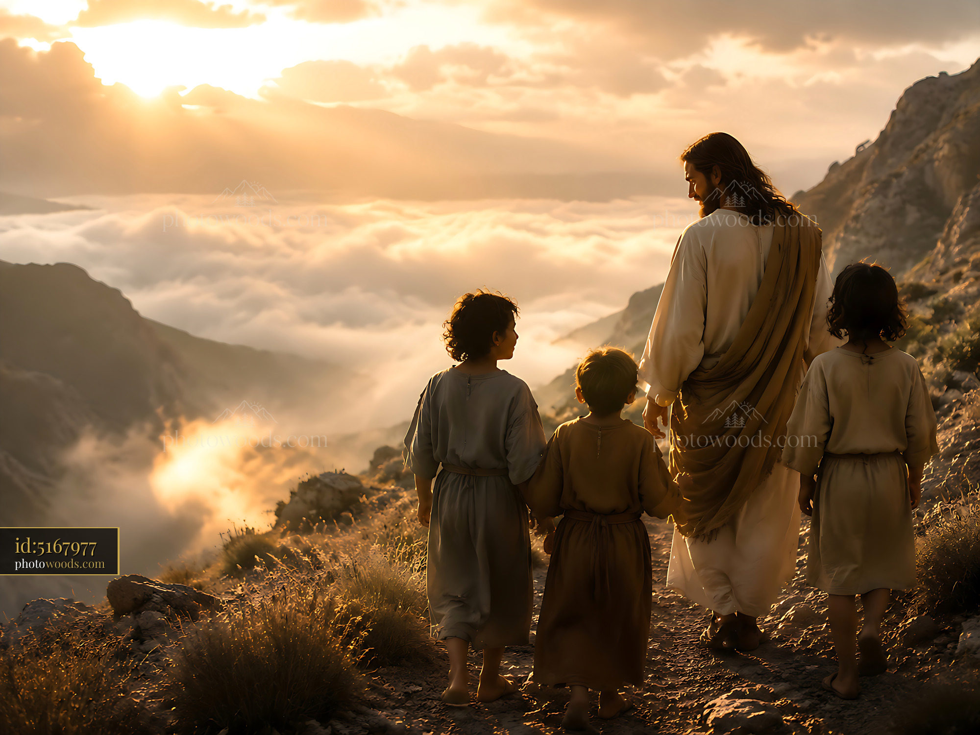 Jesus Walks With Children Through Mountains at Sunset
