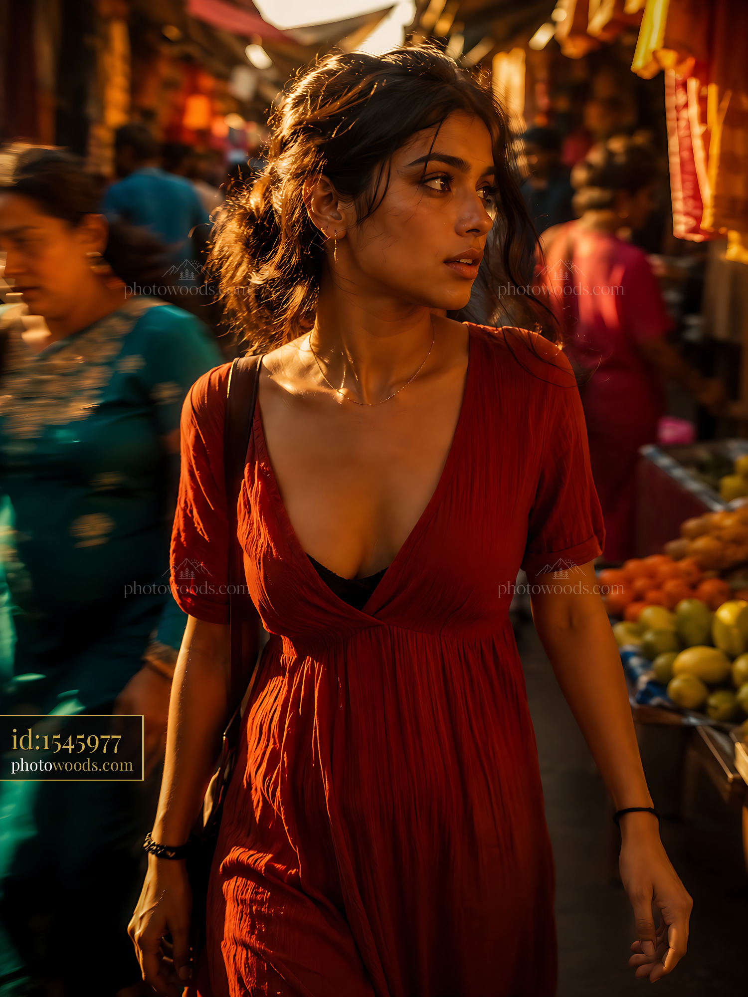 Woman Walking Through a Busy Market in Warm Evening Light