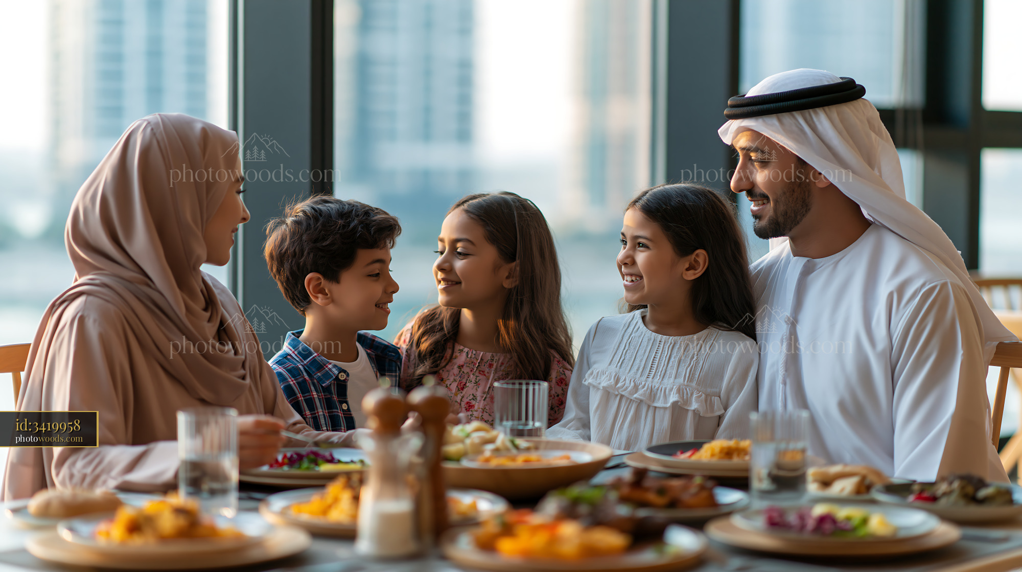 Family Sharing Iftar Dinner by the Window in a City Setting