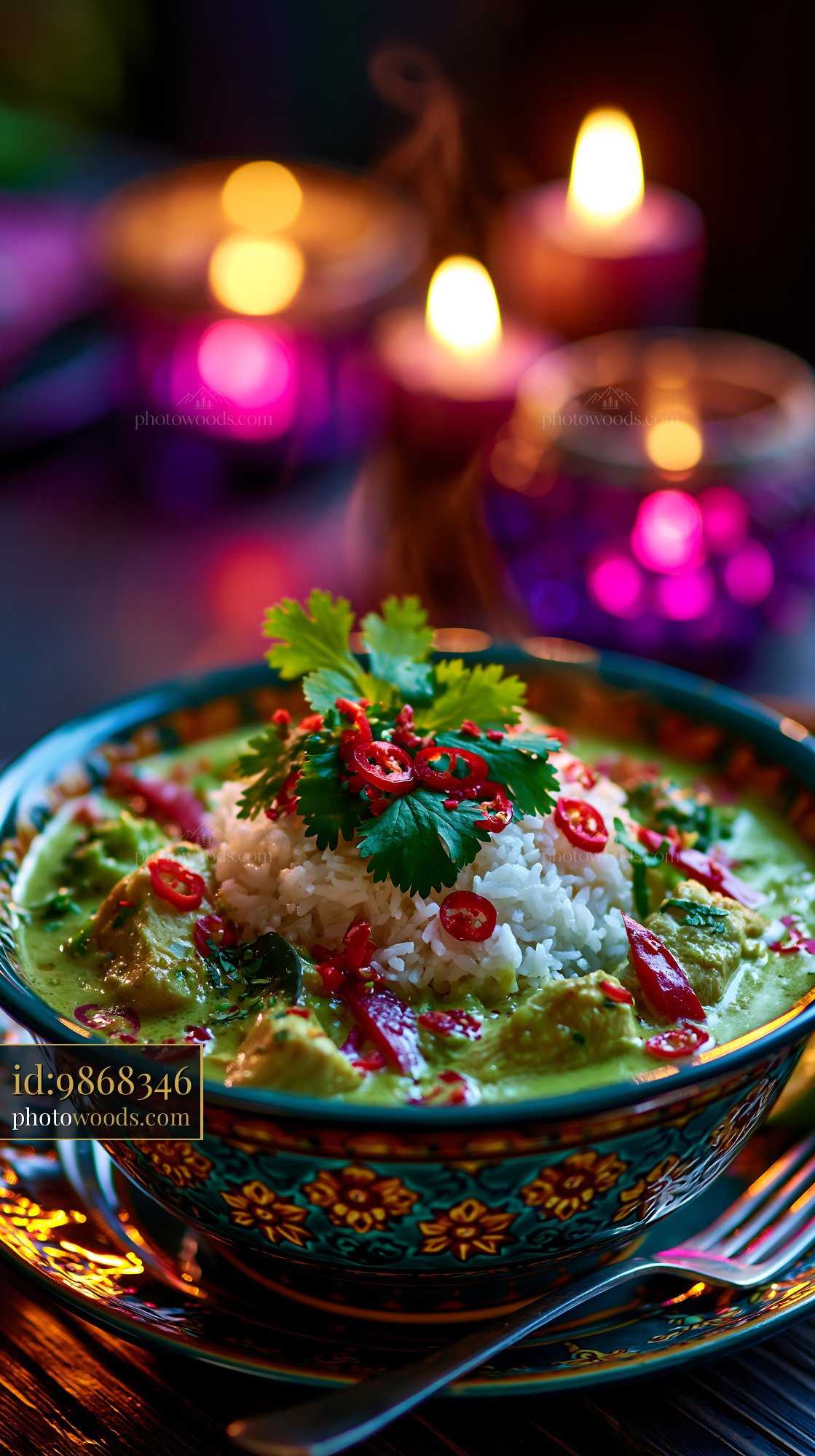 Bowl of Thai Green Curry With Jasmine Rice and Fresh Herbs