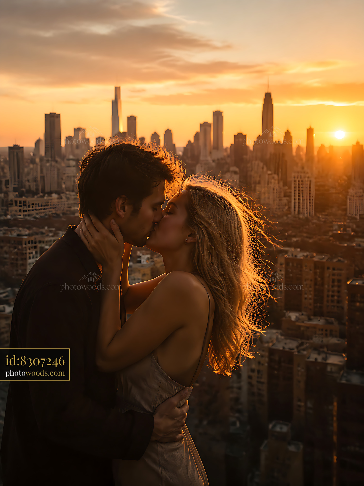 Couple Kisses During Sunset Over a City Skyline With Towers