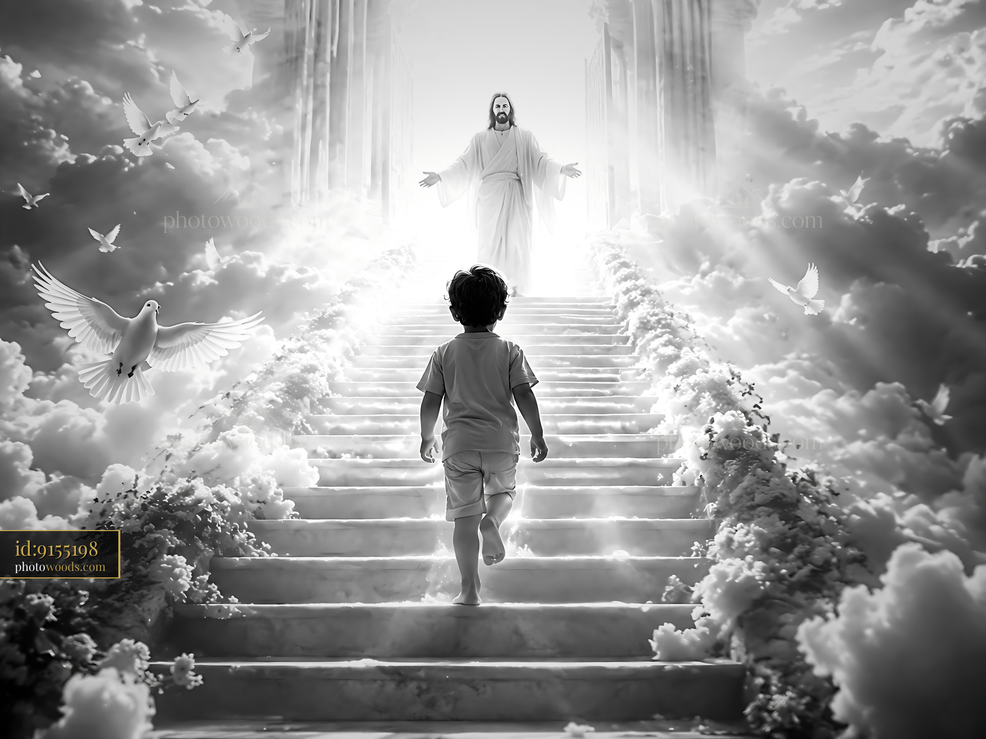 Child Walking Towards Figure in Clouds With Light Shining Down